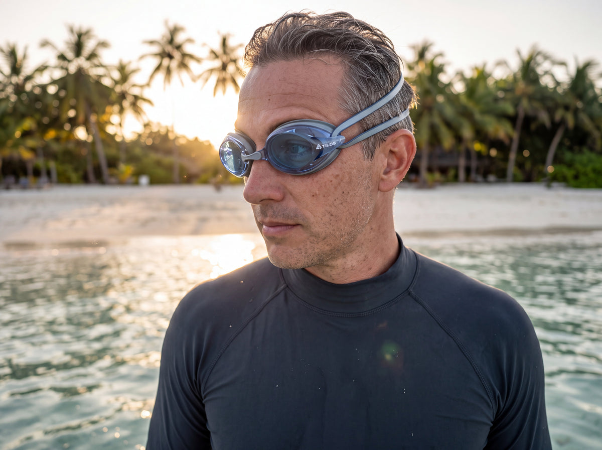 Swimmer standing in shallow tropical water at golden hour wearing the Tilos Vynix swimming goggles in blue with silver trim pushed up on the forehead