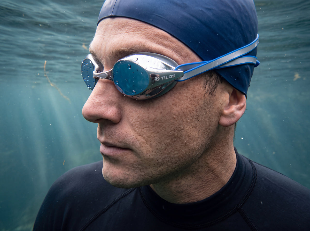 Swimmer underwater in open water wearing the Tilos Vynix swimming goggles in silver with blue mirrored lenses