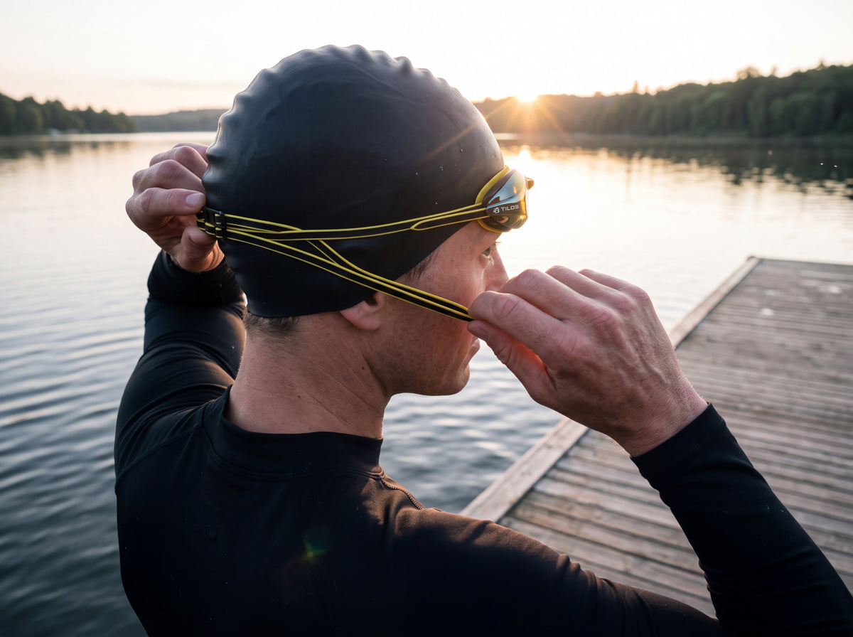 Triathlete on a lake dock at dawn wearing and adjusting the Tilos Vynix swimming goggles in yellow and black with gold mirrored lenses