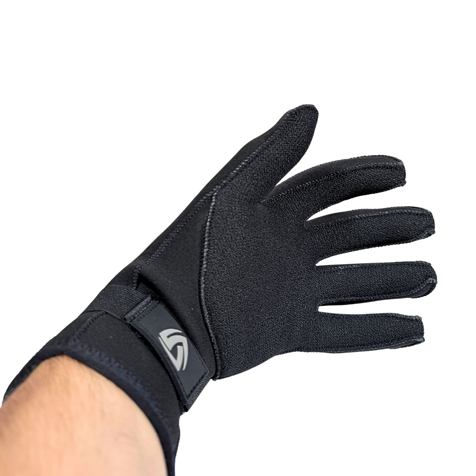Tilos 3mm Rhinoskin Velcro Gloves in black — palm view showing grip texture