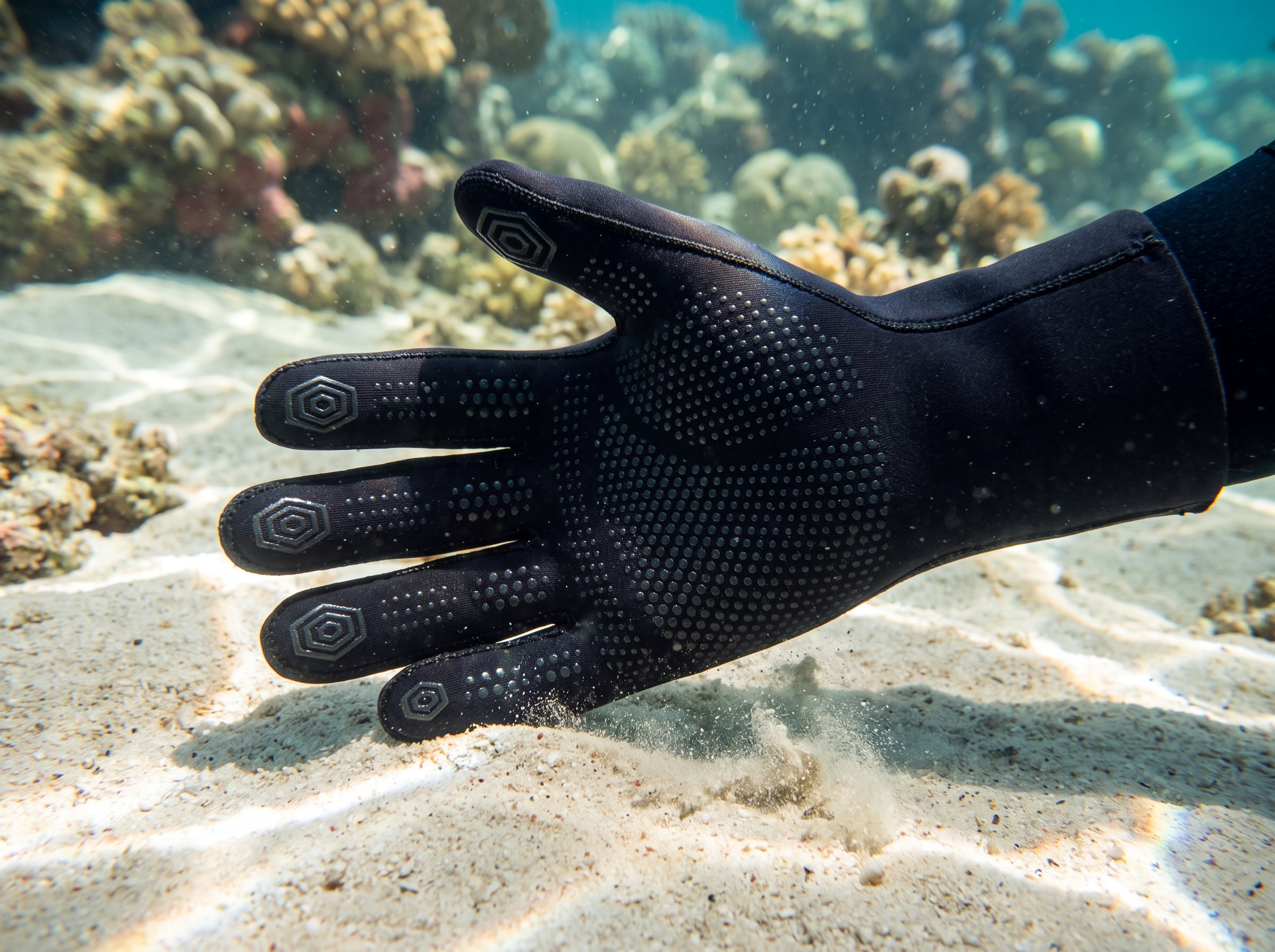 Diver wearing the Tilos 3mm Thermoflare Superstretch Glove in black pushing off a sandy seabed underwater, palm grip pattern facing the camera