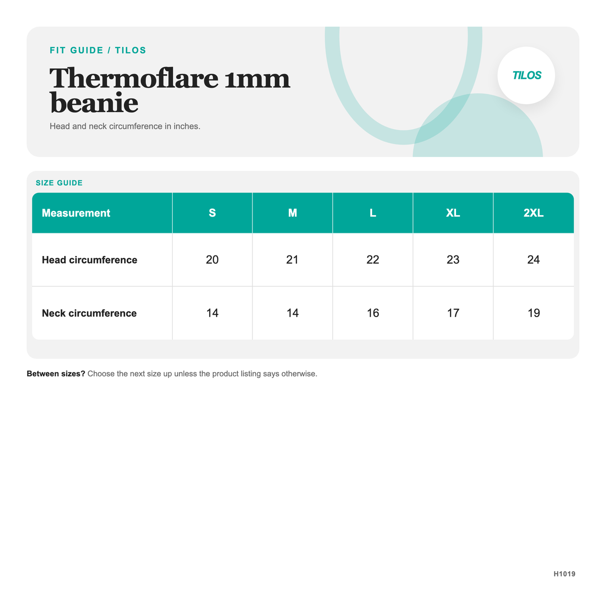 Tilos Thermoflare 1mm beanie size guide for S to 2XL, with head and neck measurements in inches.