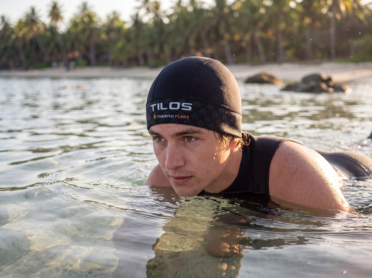 A snorkeler wades out from a shallow tropical shoreline at sunrise, turned three-quarters to camera, wearing a black Tilos Thermoflare neoprene skull cap with the silver TILOS wordmark across the front band.