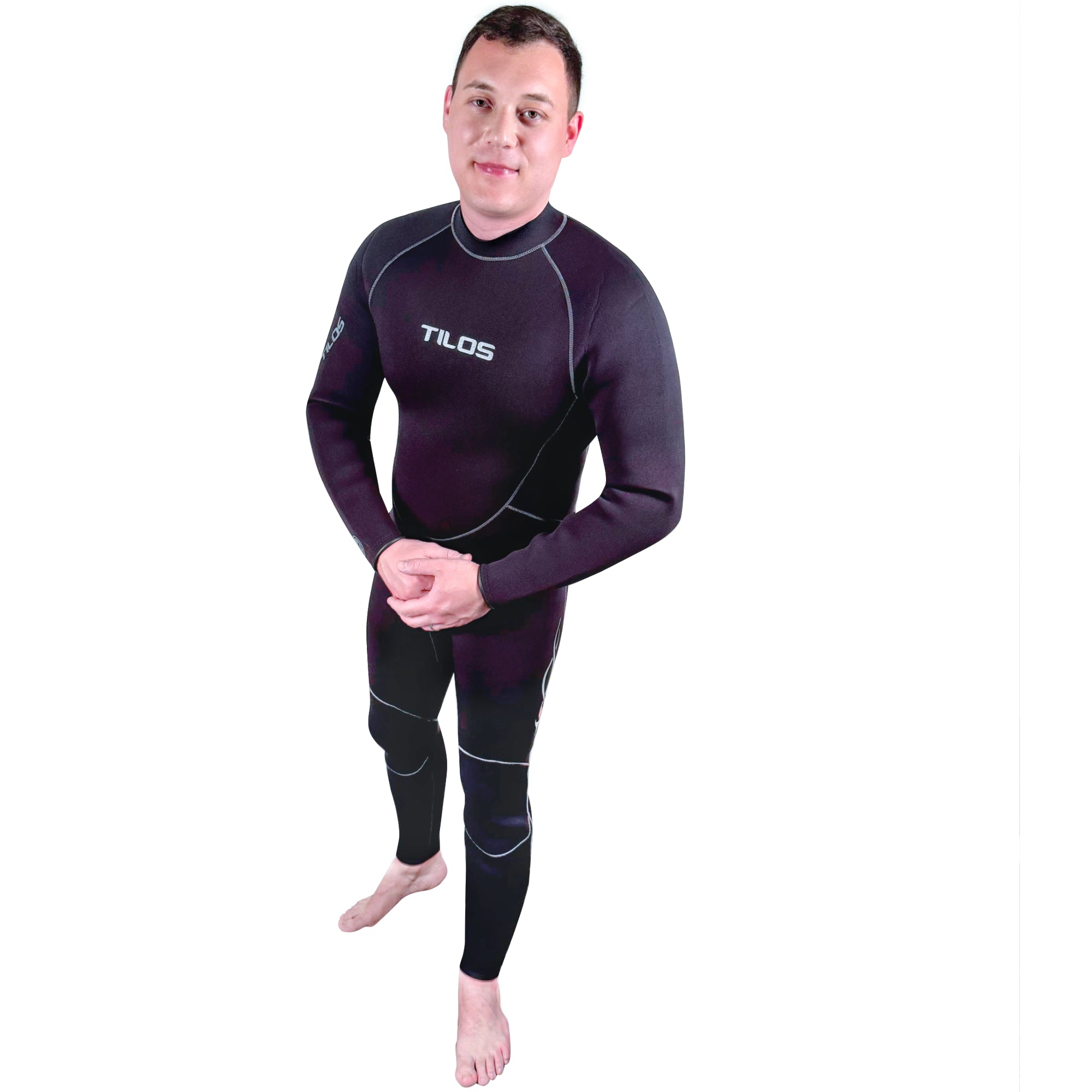 Tilos 5/4mm Semi-Dry Seal Suit in black — mens wetsuit front view