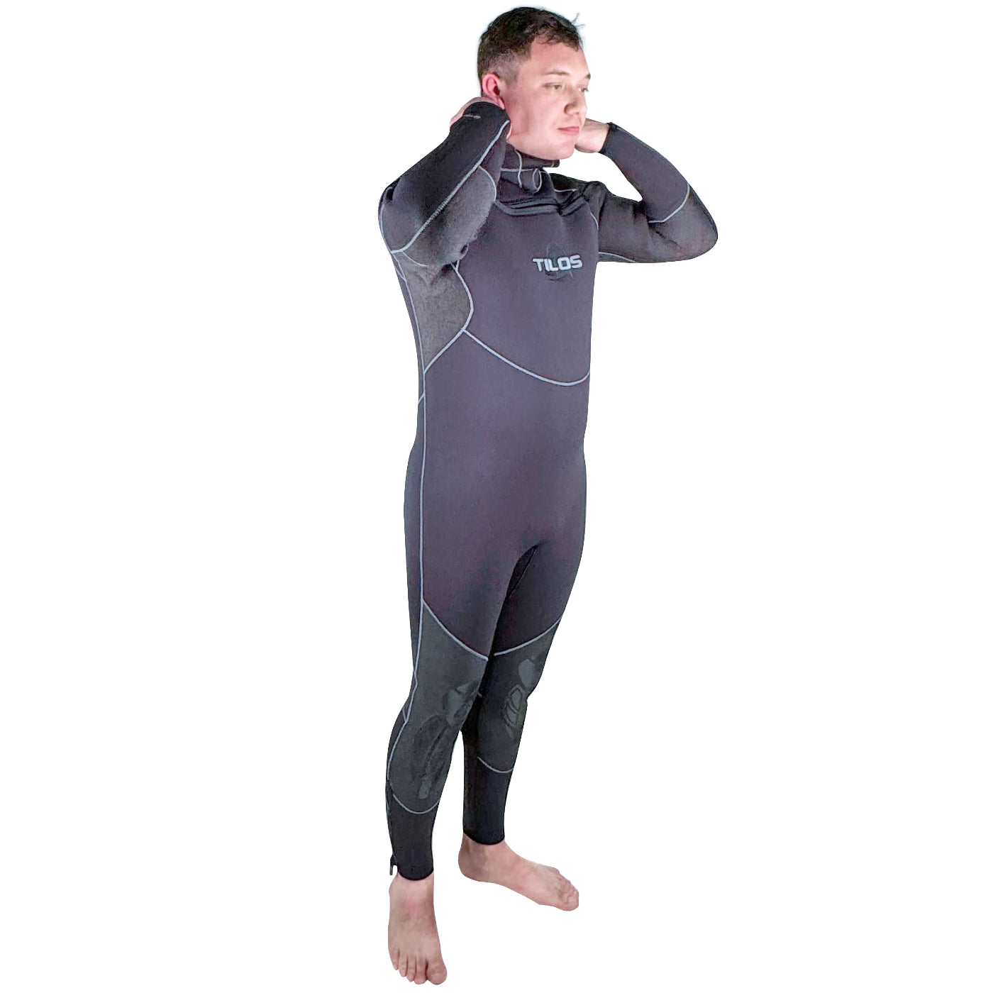 Tilos 7/6/5mm Skyros Supreme Stretch Hooded Suit — back view showing zipper