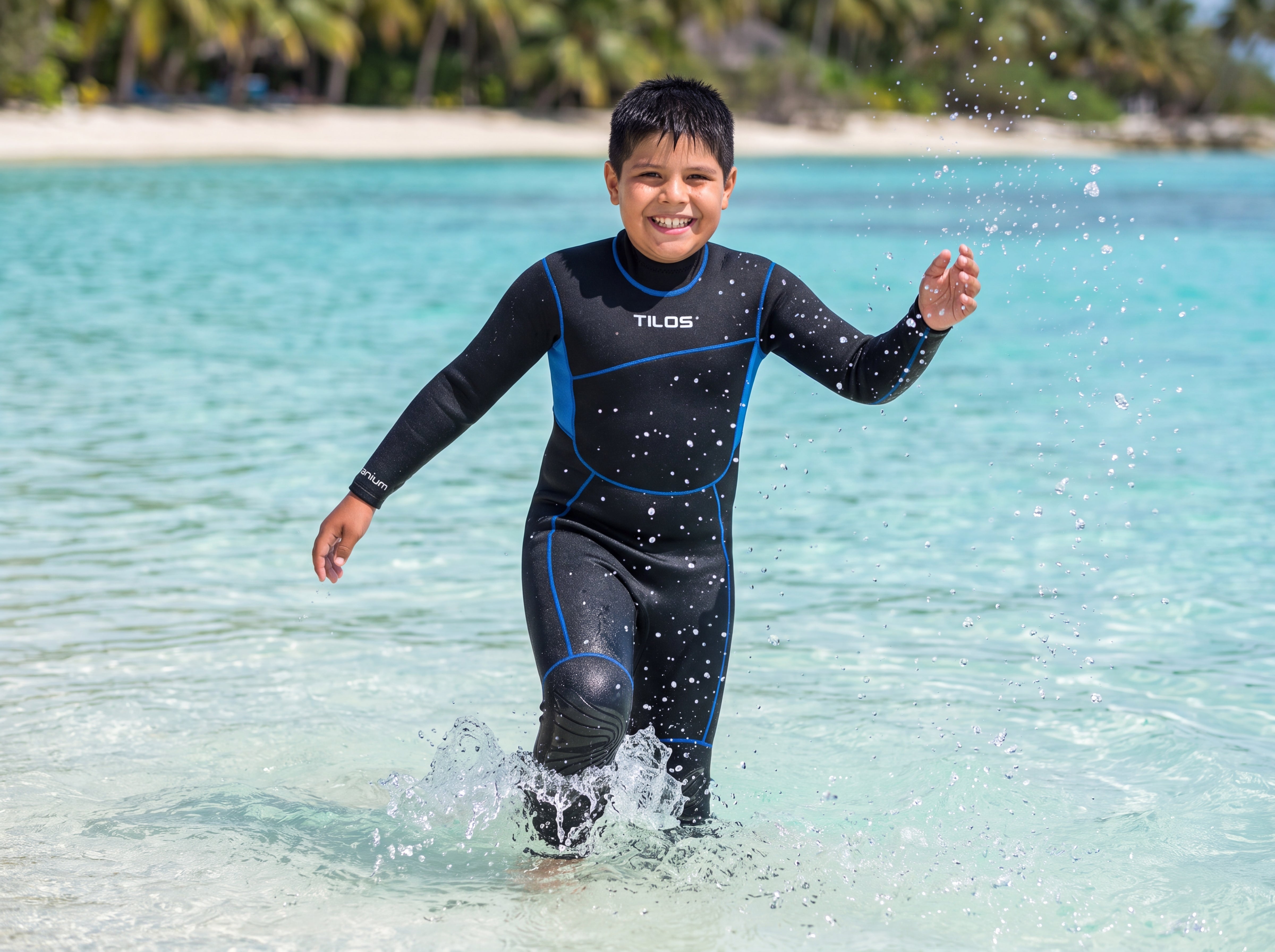 A child wearing the Tilos Kid's 3/2mm Adventure Steamer wetsuit while wading and splashing in bright turquoise shallows