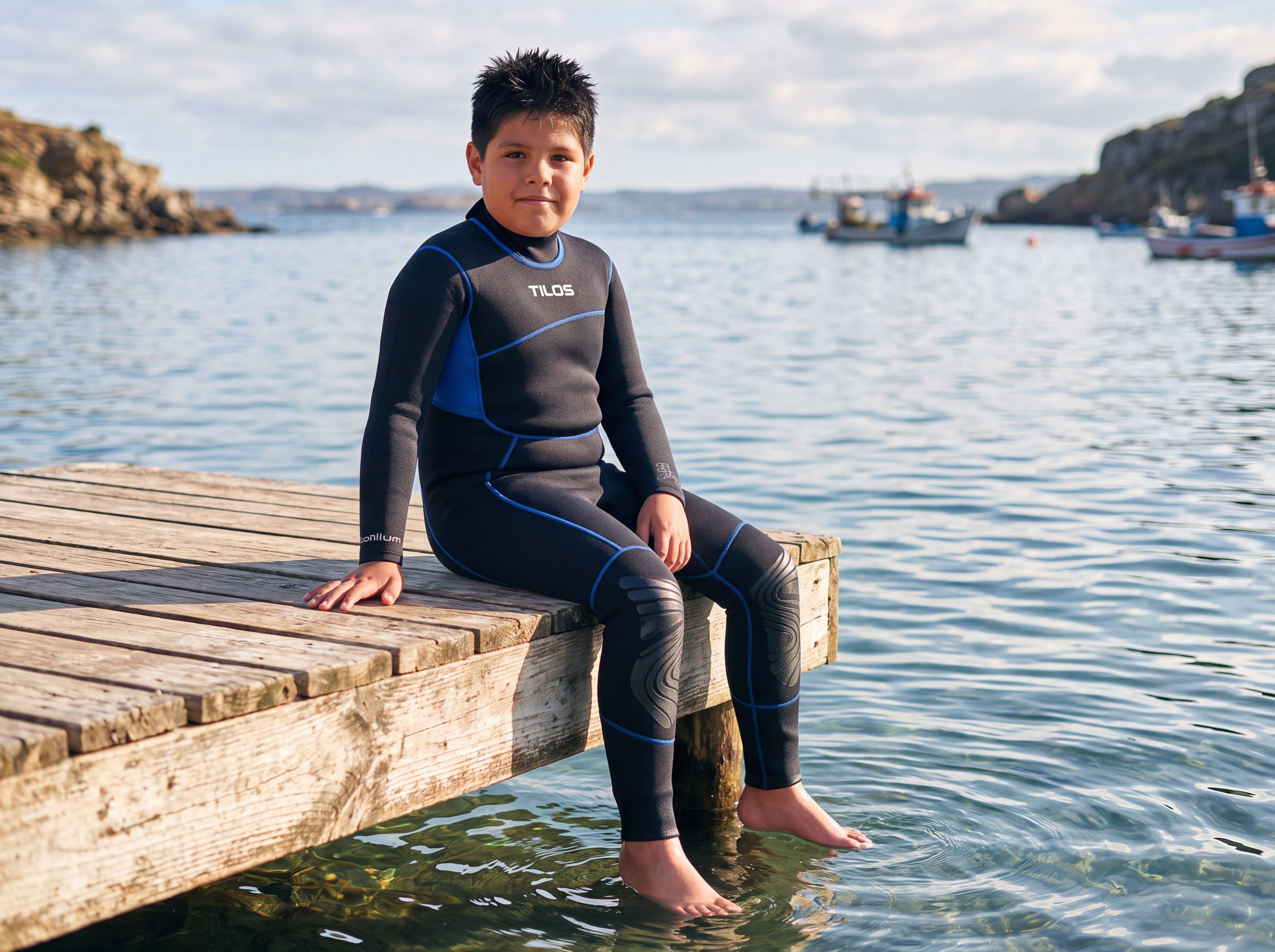 A child wearing the Tilos Kid's 3/2mm Adventure Steamer wetsuit sitting on a marina dock with feet over calm water