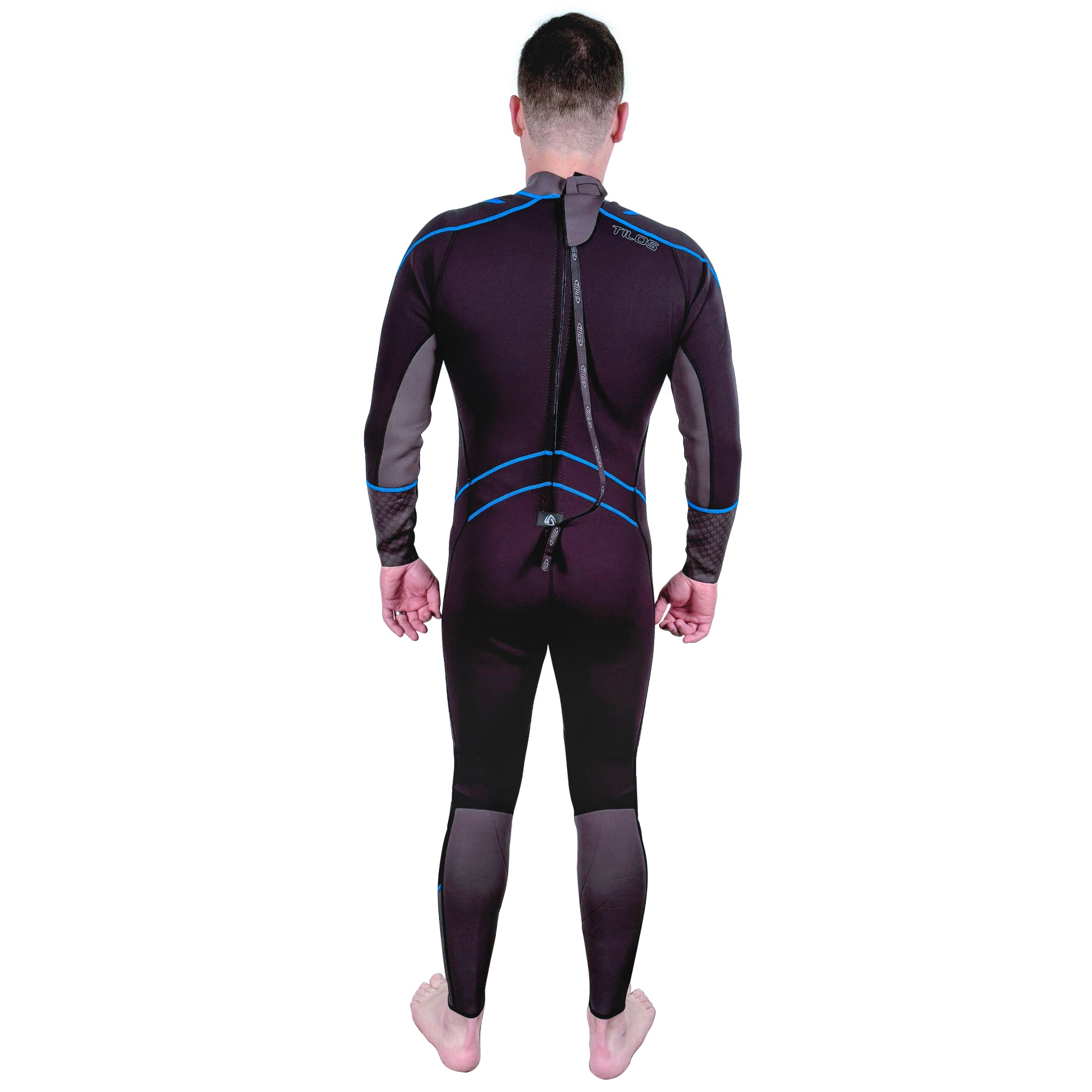 Tilos Men's 3/2mm Spurr Supreme Jumpsuit in black — back view showing zipper