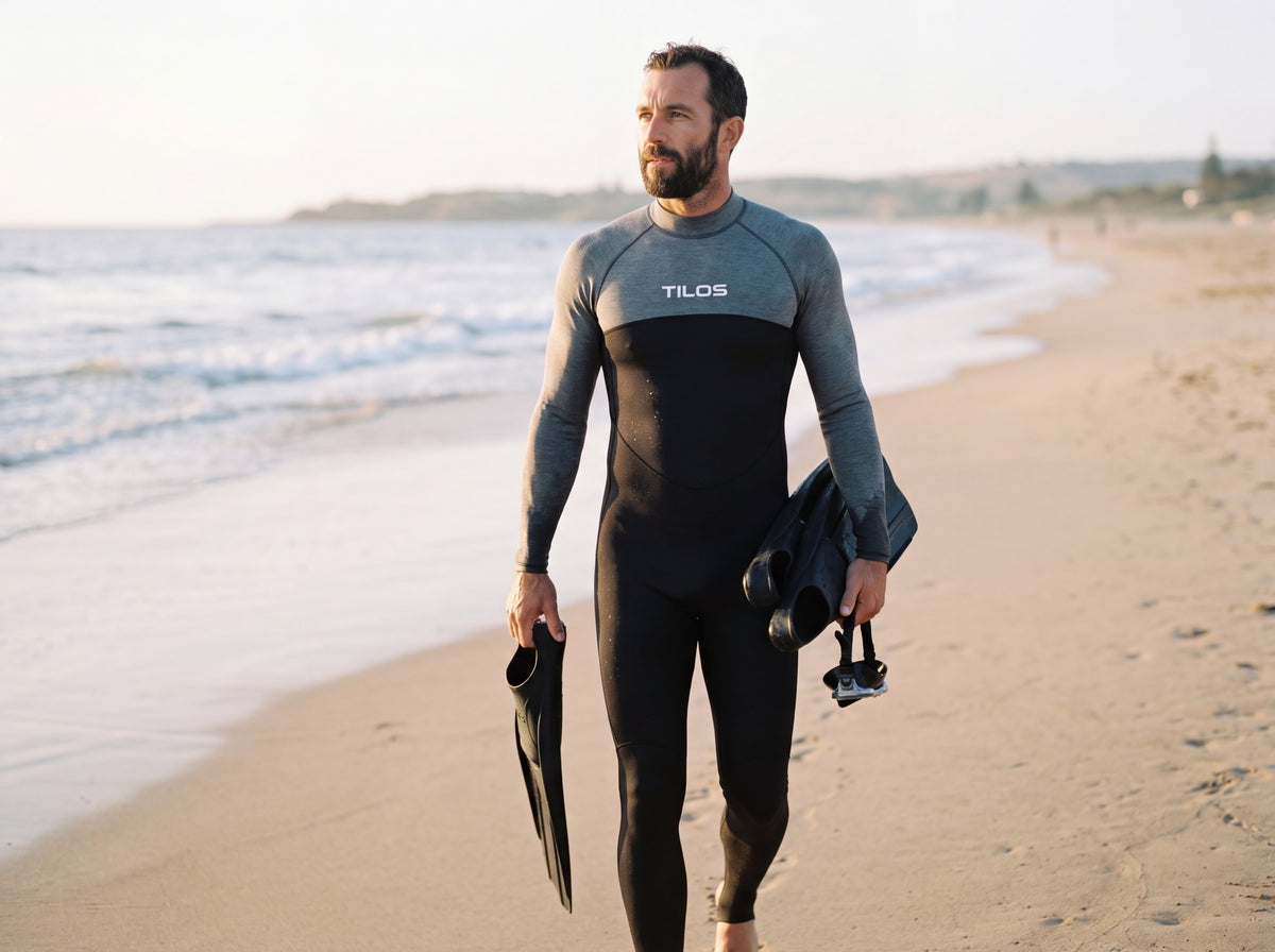 A diver in the Tilos 6oz unisex skin suit in Heather Fog Gray walks up the sand at golden hour after a dive, fins under one arm and mask in hand.
