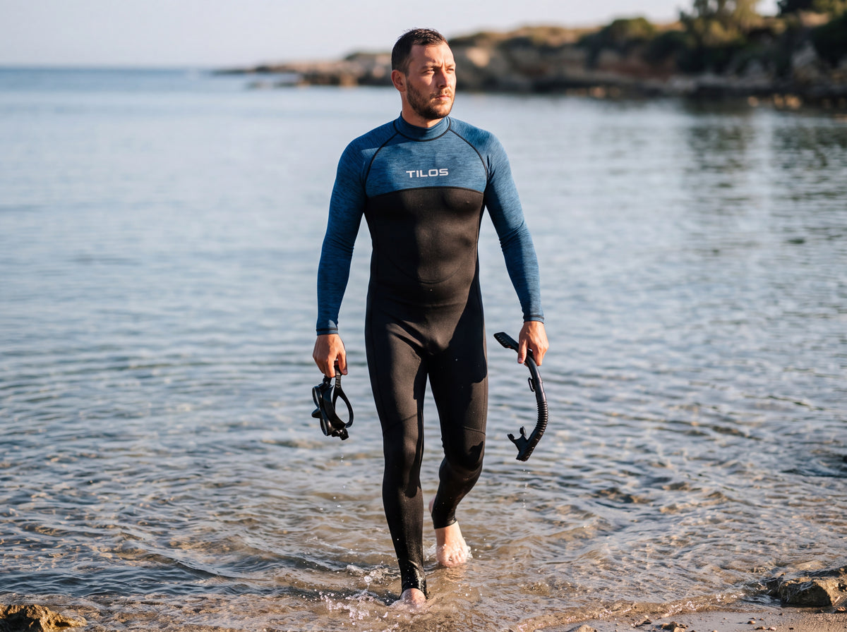 A snorkeler wearing the Tilos 6oz unisex skin suit in Heather Marine wades out through shallow water at a rocky shoreline, carrying a mask and snorkel.