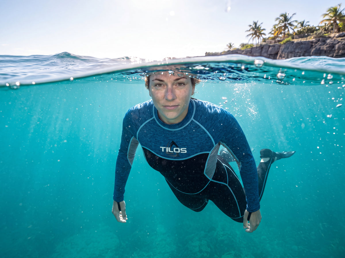 Swimmer wearing the Tilos Women’s UPF 50+ Lycra Skin Suit just below the surface in a split over-under view, with palms and shoreline above the waterline