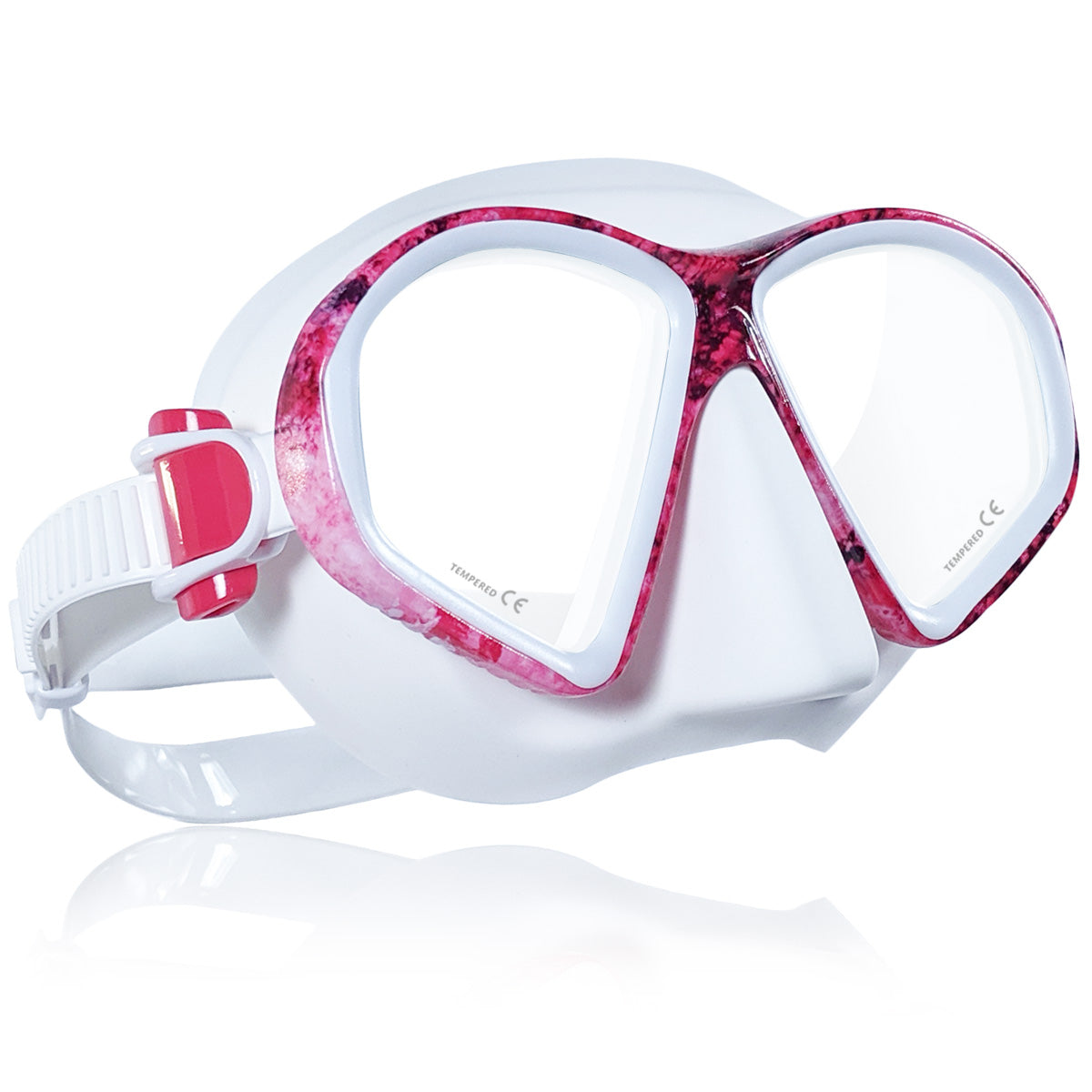 Tilos Spawn Camo Spearfishing Mask in pink — side profile showing skirt and strap