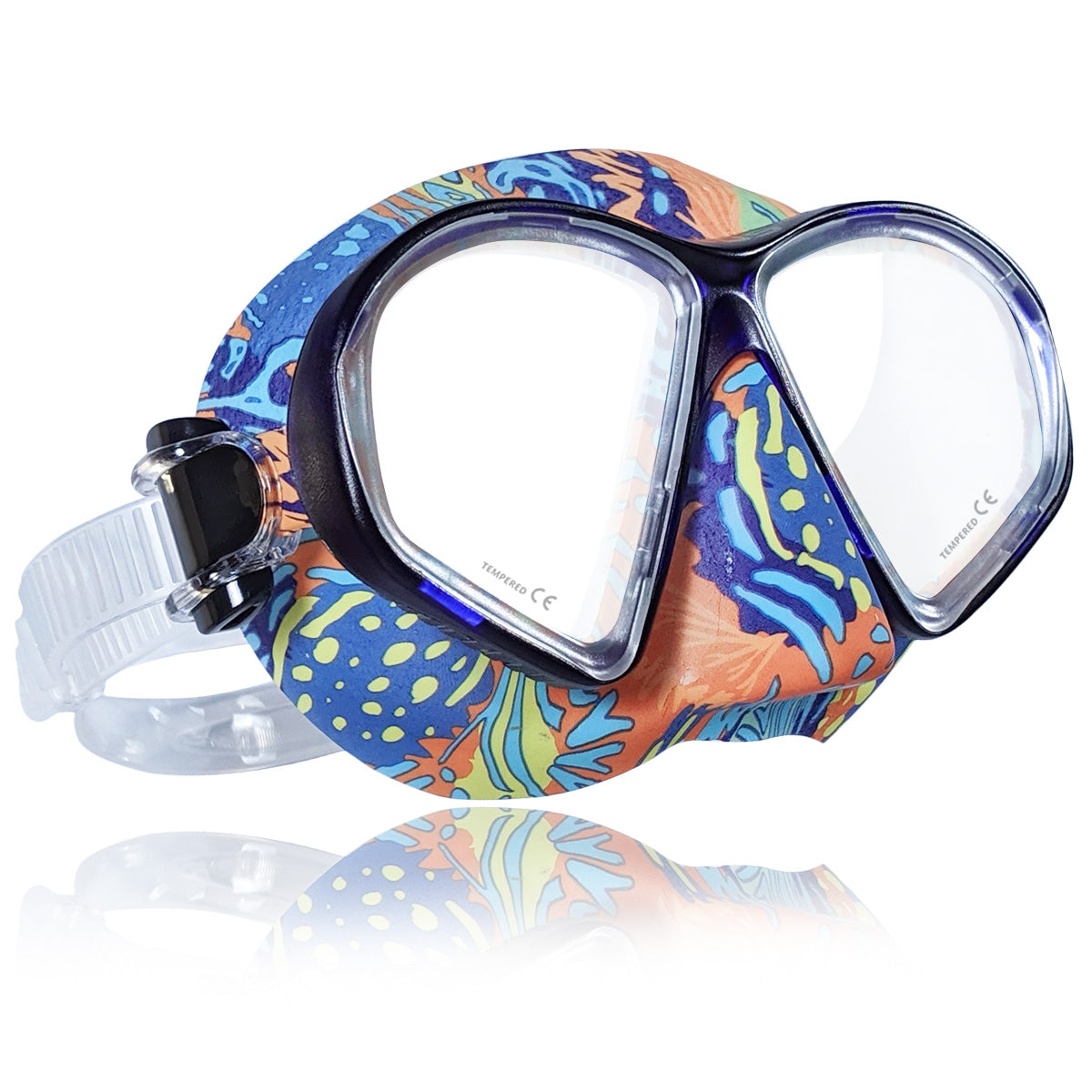 Tilos Spawn Camo Spearfishing Mask — side profile showing skirt and strap