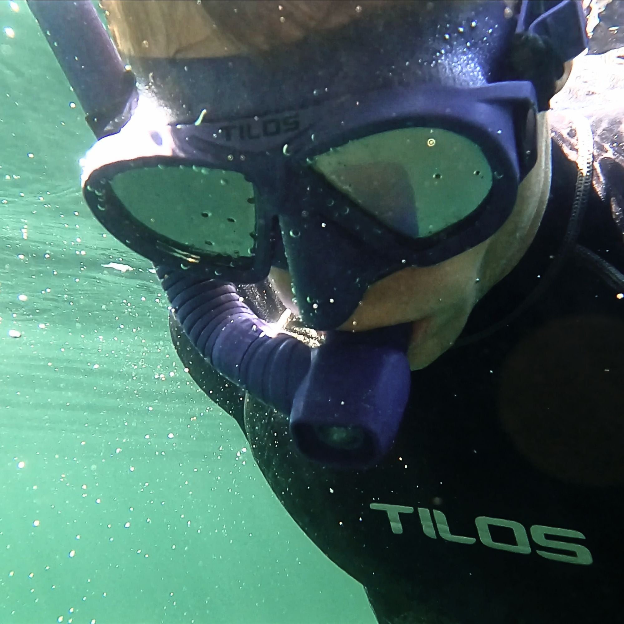Tilos AquaStalk Dive Mask — front view showing lens and silicone skirt