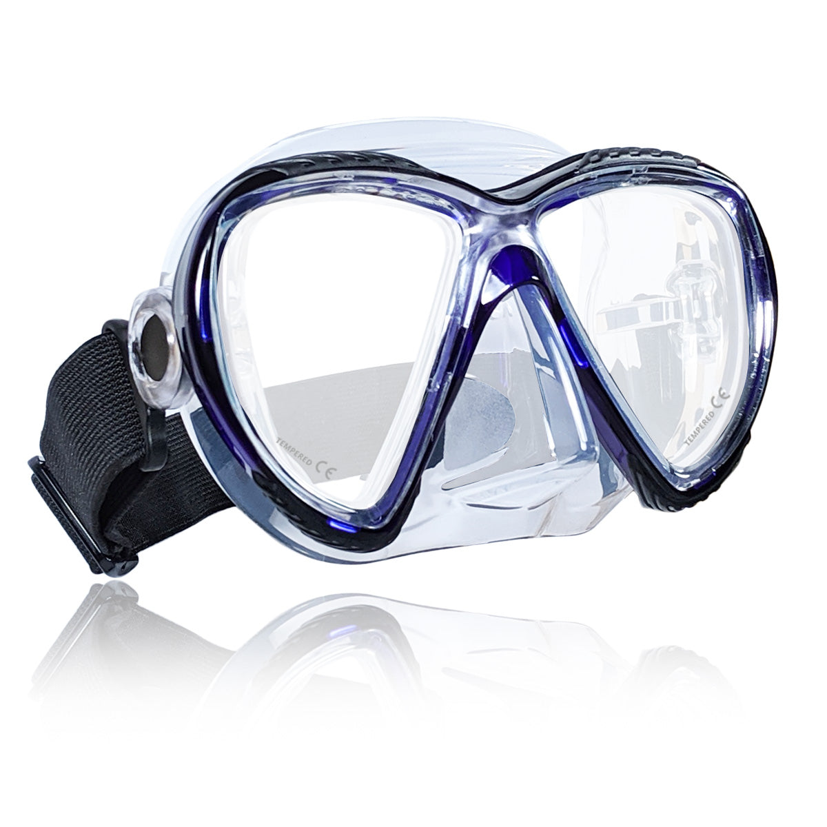Tilos Cogito Mask in teal blue — front view showing lens and silicone skirt