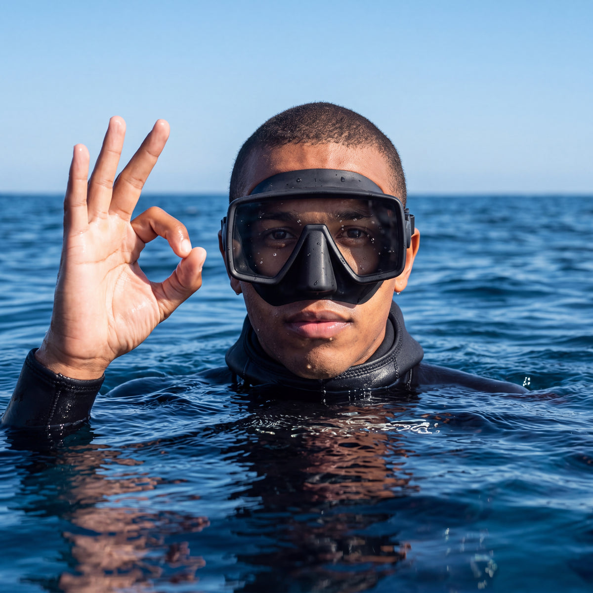 Snorkeler at the surface in open water giving an OK signal while wearing the black Tilos Insight Frameless Mask