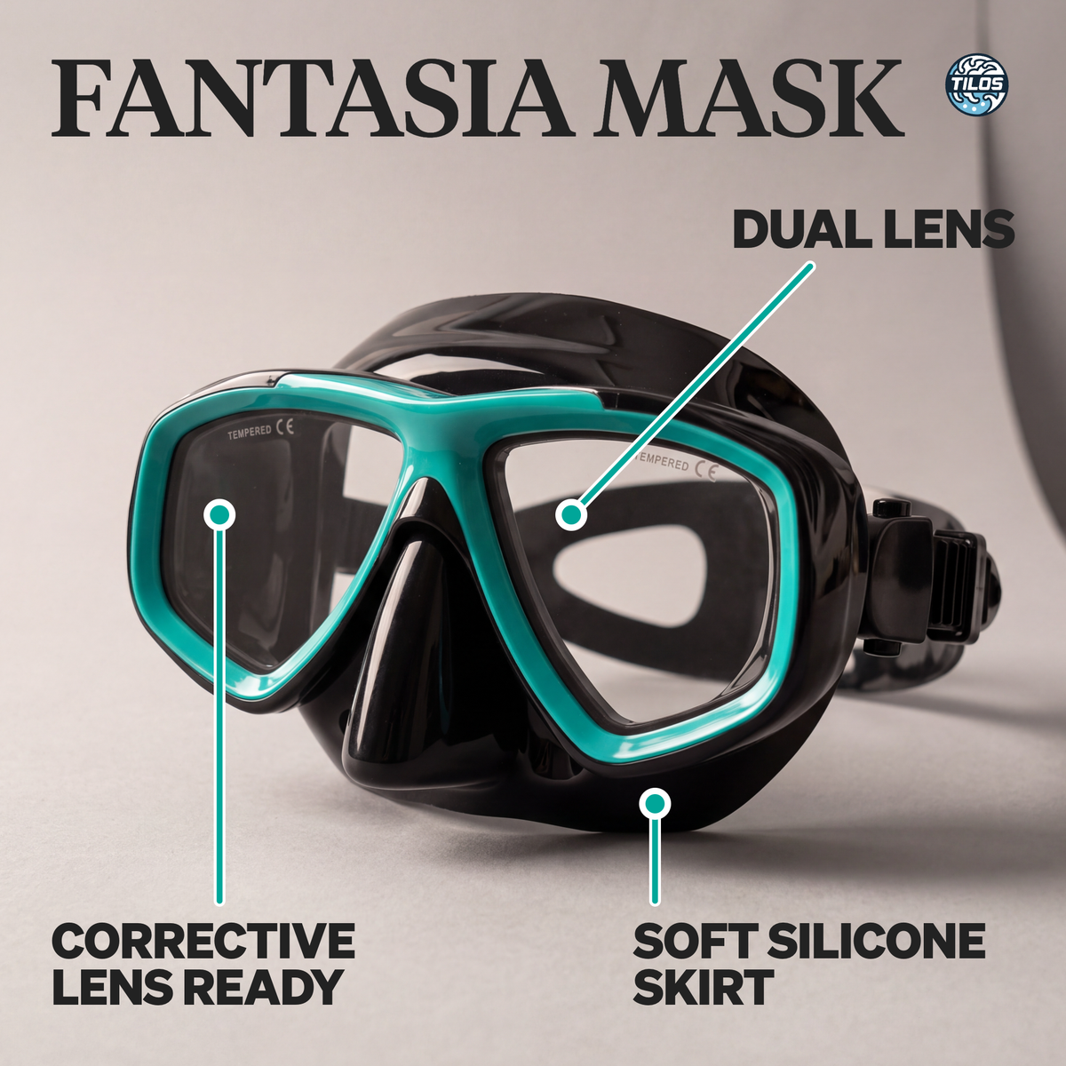 Tilos Fantasia M250BBGN feature card: dual lens, corrective lens ready, soft silicone skirt