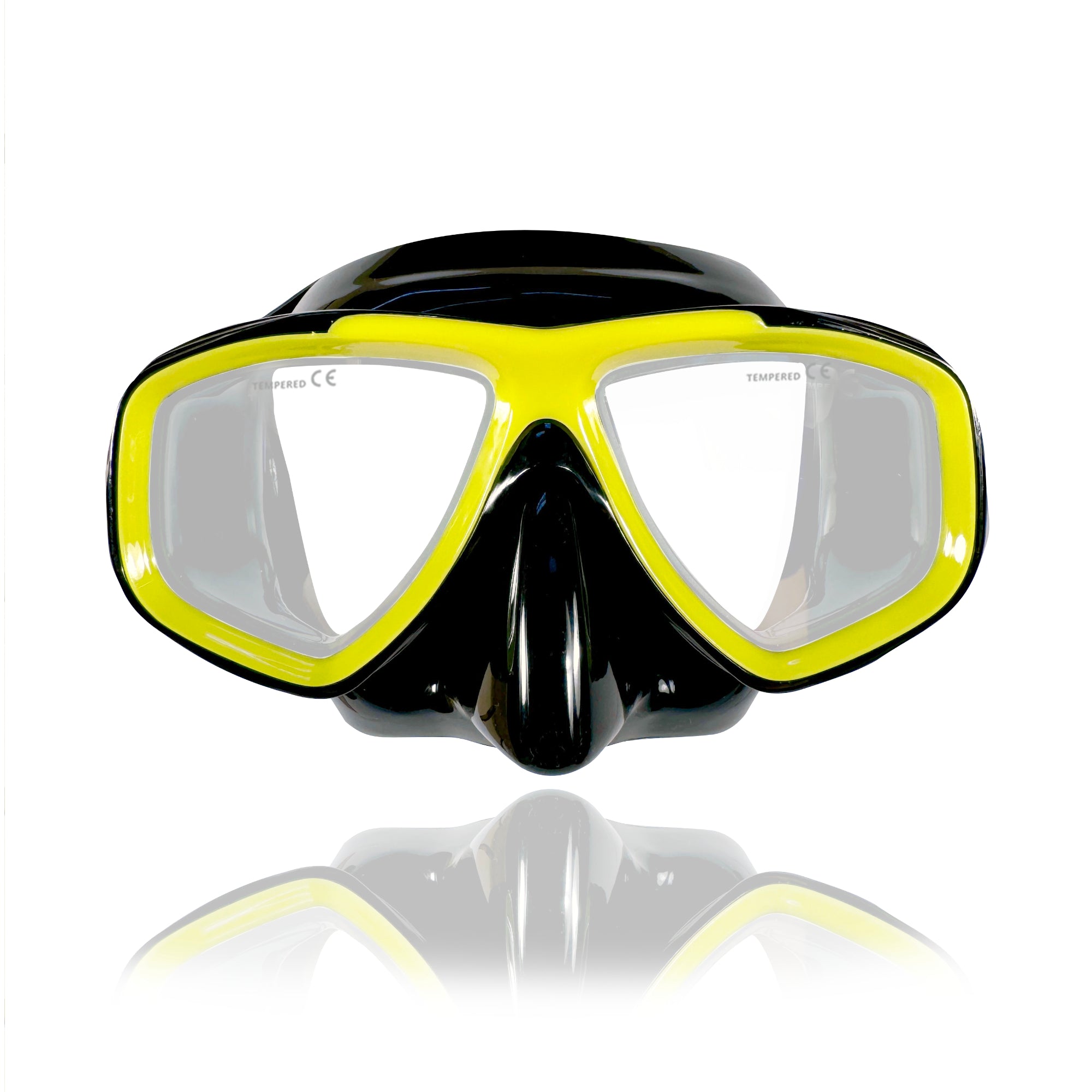 Tilos Fantasia Dual Lens Snorkel Mask in yellow — front view showing lens and silicone skirt