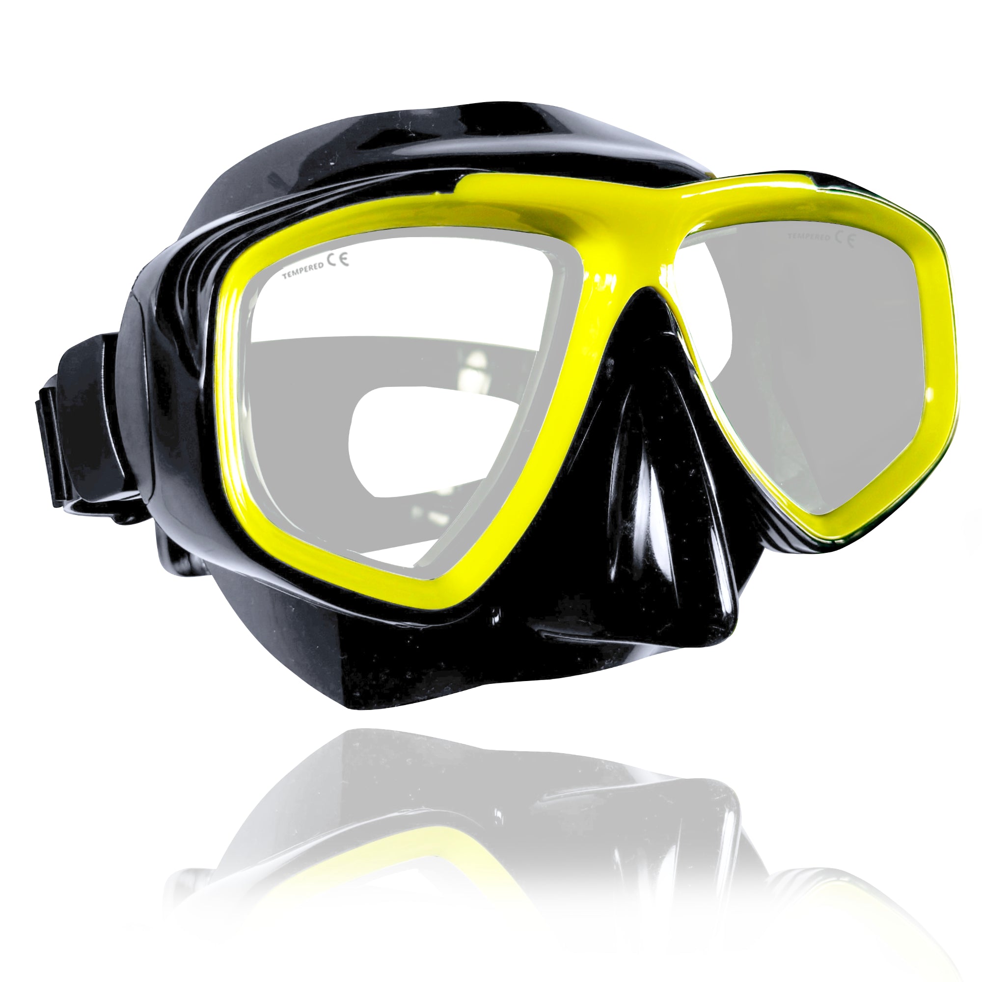 Tilos Fantasia Dual Lens Snorkel Mask in yellow — side profile showing skirt and strap