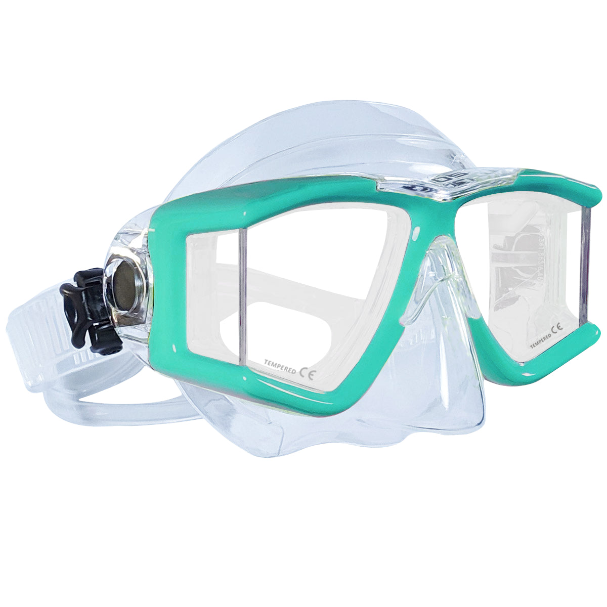 Tilos Double Lens Panoramic Mask in green — front view showing lens and silicone skirt