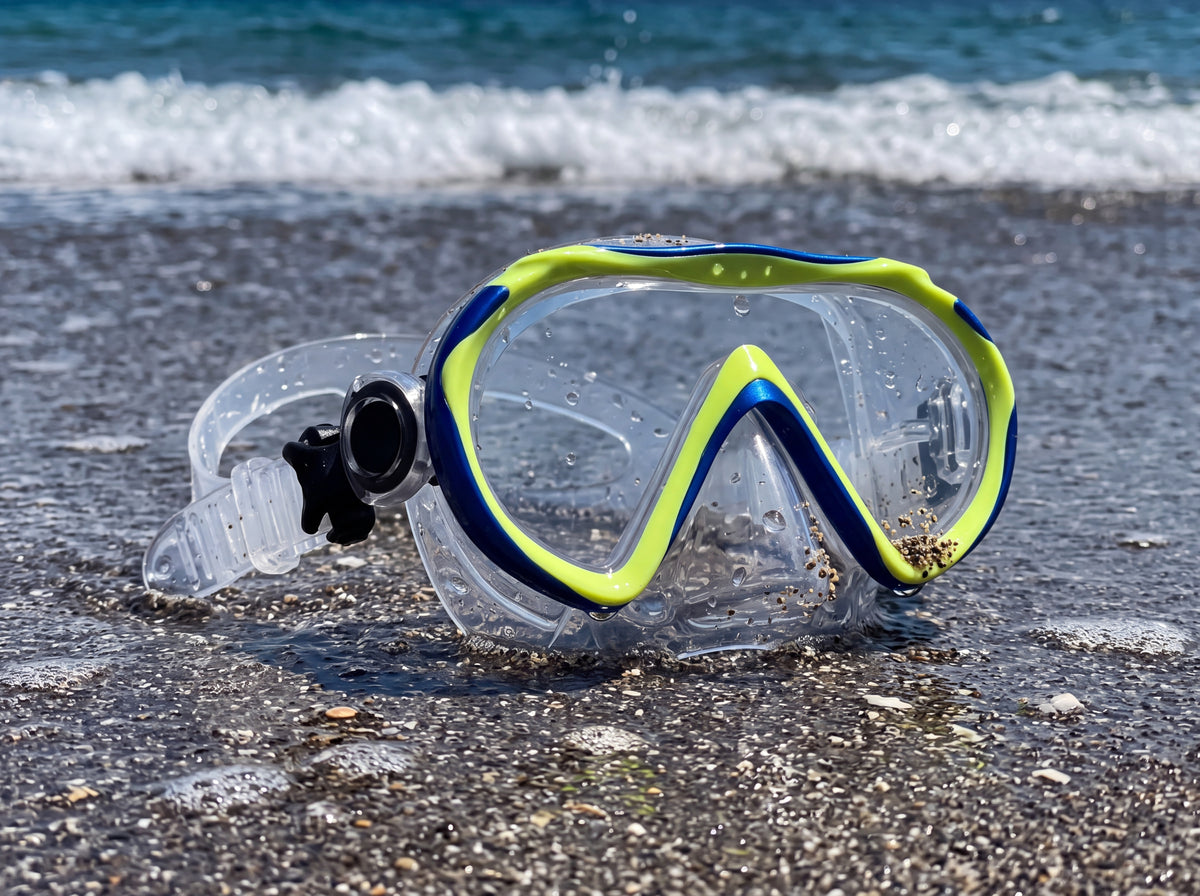 Tilos Cosmos Jr junior snorkeling mask in metallic blue and lime on wet sand on the beach, surf breaking behind it