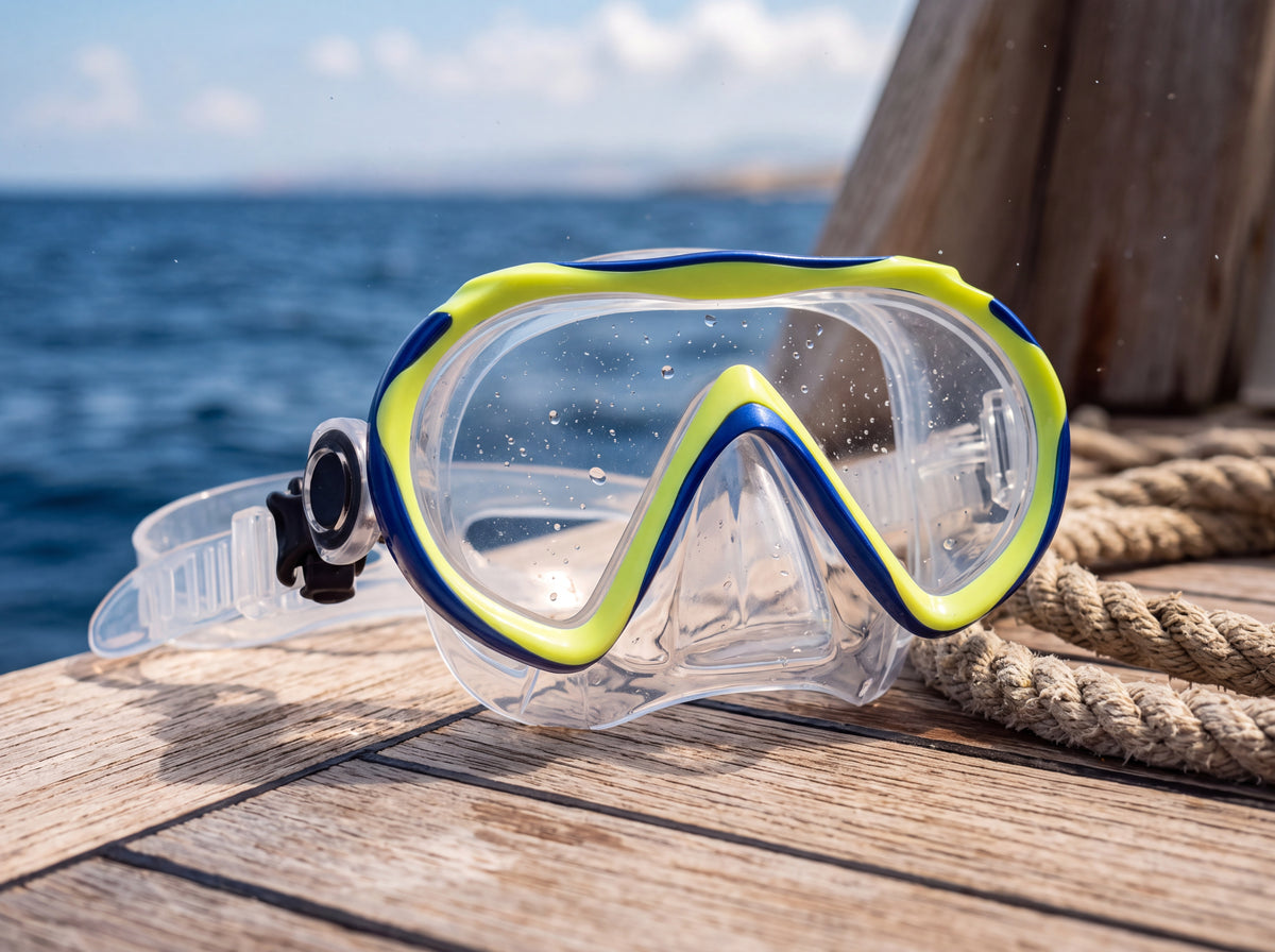 Tilos Cosmos Jr junior mask in metallic blue and lime on a teak boat deck beside coiled rope, lifestyle shot