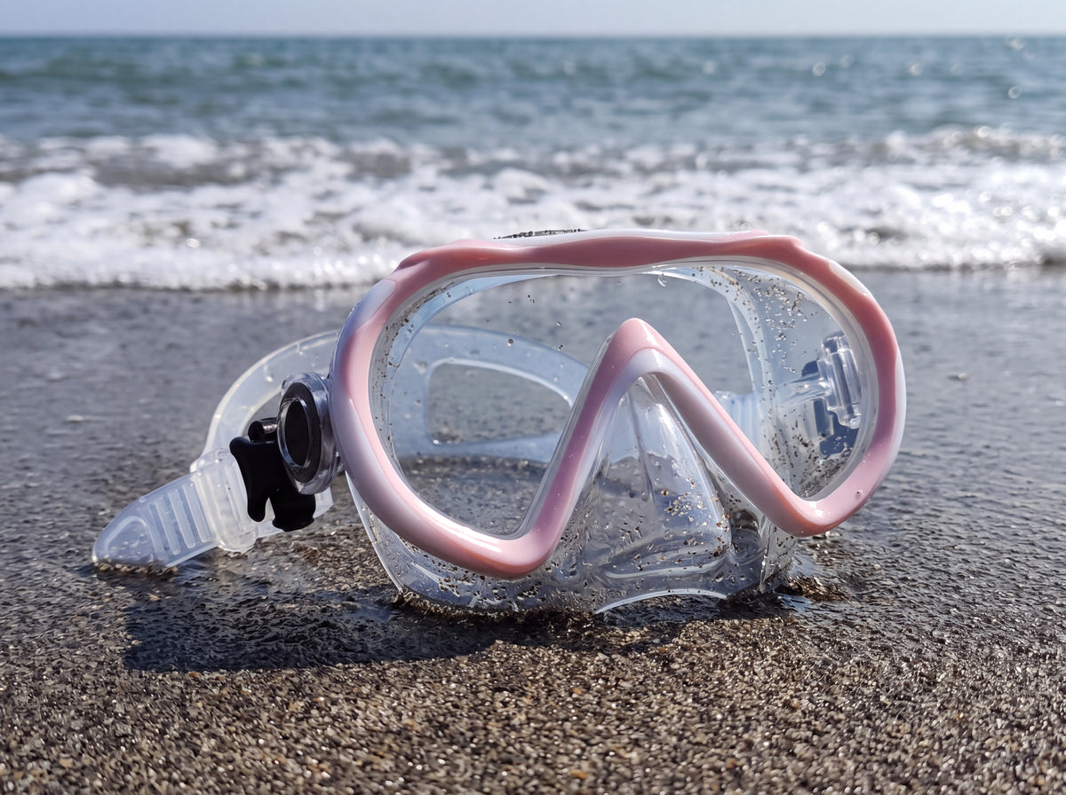 Tilos Cosmos Jr junior snorkeling mask in white and pastel pink on wet sand on the beach, surf breaking behind it