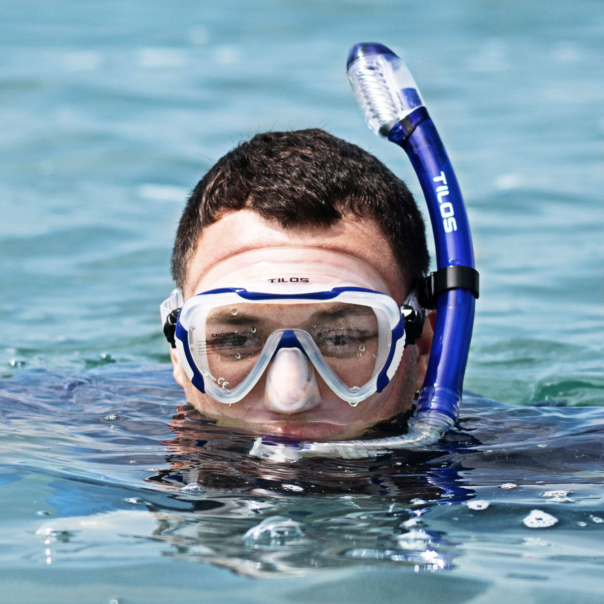 Tilos Morphi Mask with Diver Sleek Dry Snorkel and Aubade Fins Package in teal blue — set components detail view