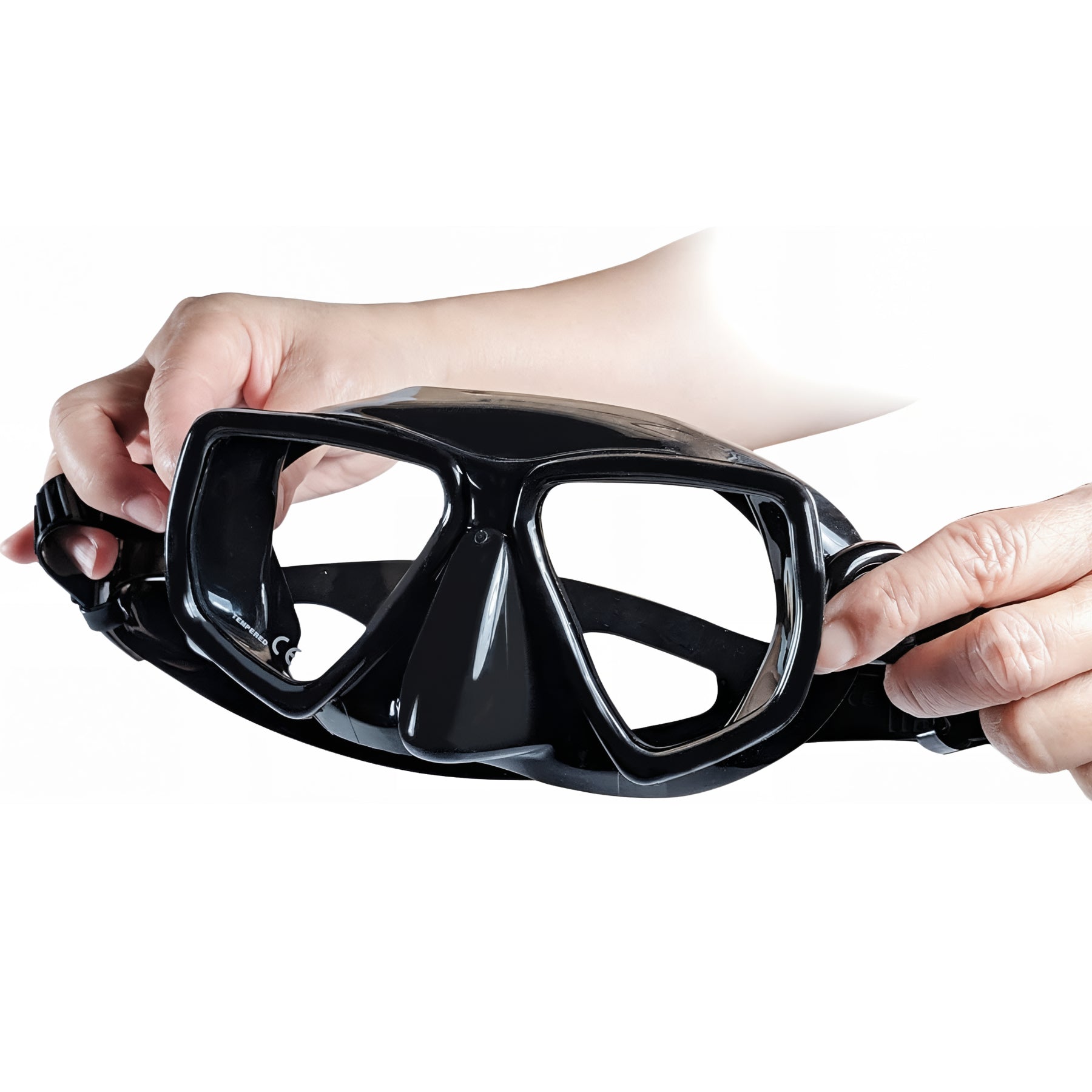 Tilos Frameless Flex Mask in black — front view showing lens and silicone skirt