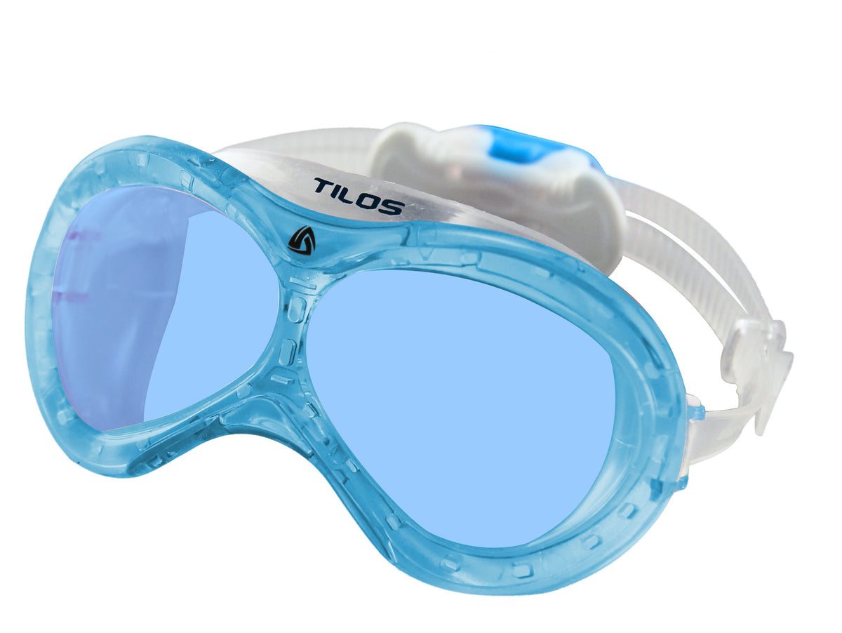Transparent Blue Tilos Dyno toddler swim mask on a pure white background