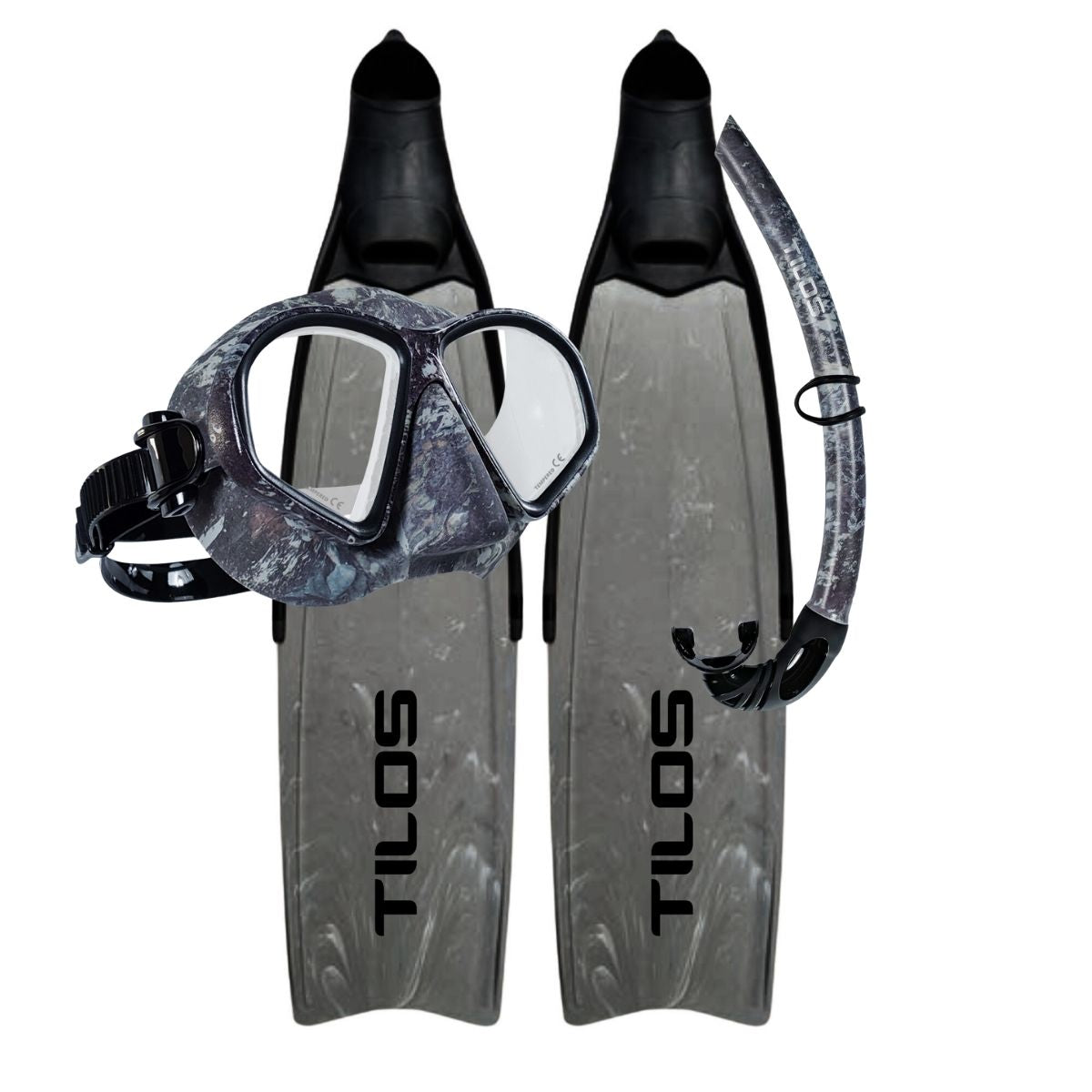 Tilos Spawn Mask with Spawn Snorkel and Syryn Freediving Fins in black — complete mask, snorkel, and fin set
