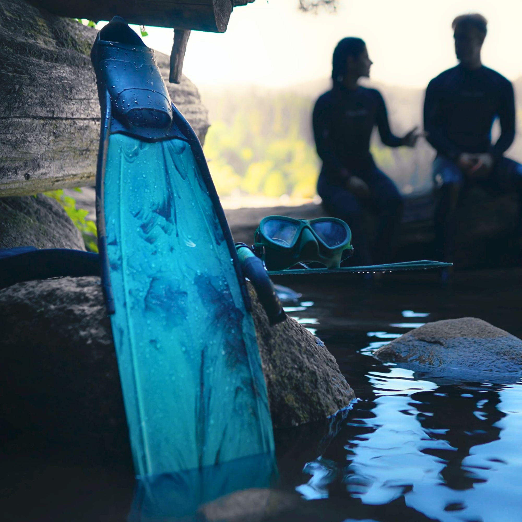 Tilos Aquastalk Mask, Spawn Semi-Dry Snorkel and Syryn Freediving Fins — set components detail view