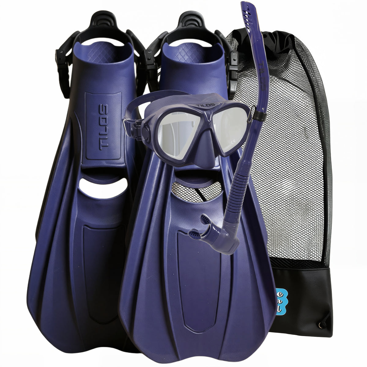 Snorkeler using the complete Tilos Aquastalk Mask, Hi-Flow II Semi-Dry Snorkel and Technix Fins Set set