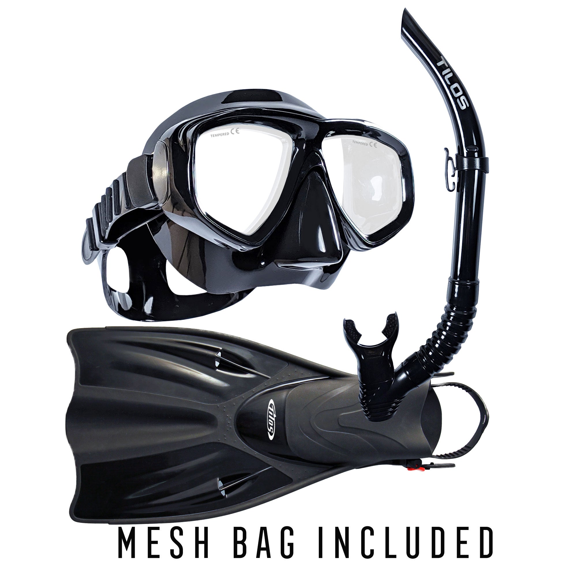 Tilos Fantasia Mask, U-Pro II Snorkel and Getaway Fins Set in black — complete mask, snorkel, and fin set