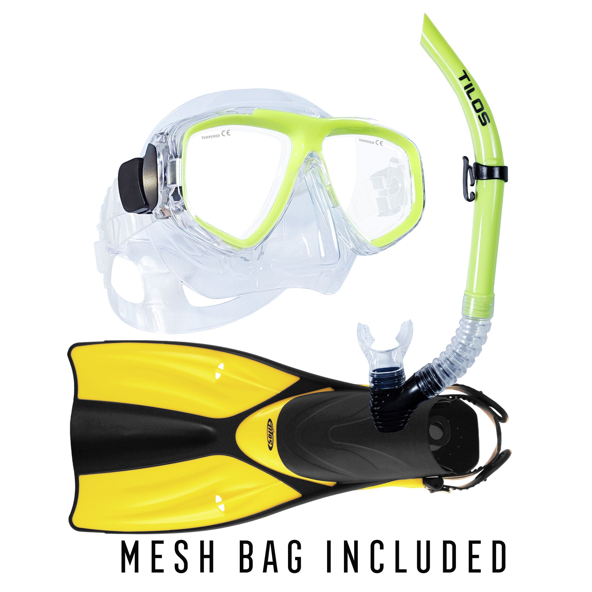 Tilos Fantasia Mask, U-Pro II Snorkel and Getaway Fins Set in yellow — set components detail view