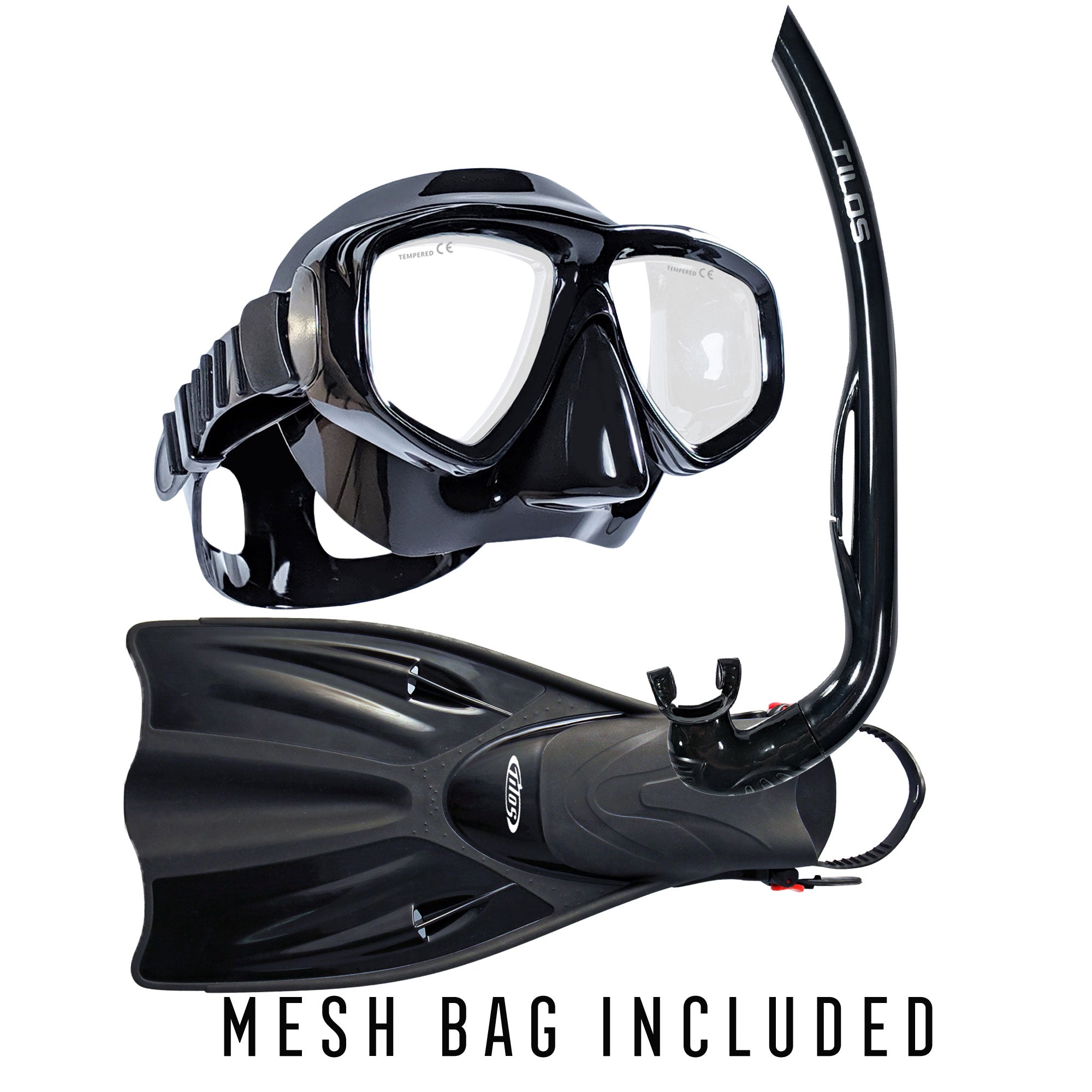 Tilos Fantasia Mask, Basic J Snorkel and Getaway Fins Set in black — complete mask, snorkel, and fin set