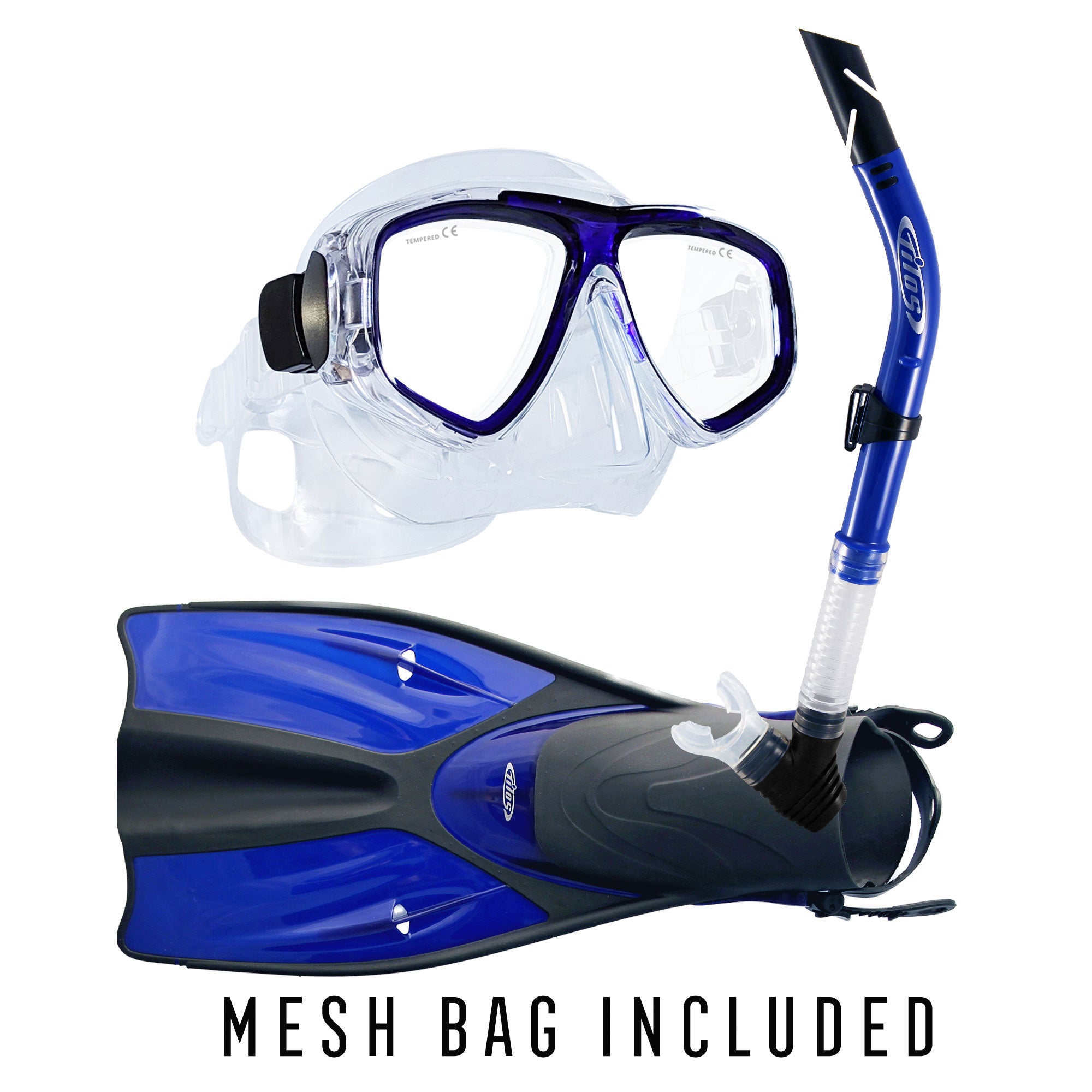 Tilos Fantasia Mask, Splash Semi-Dry Snorkel and Getaway Fins Set in teal blue — set components detail view
