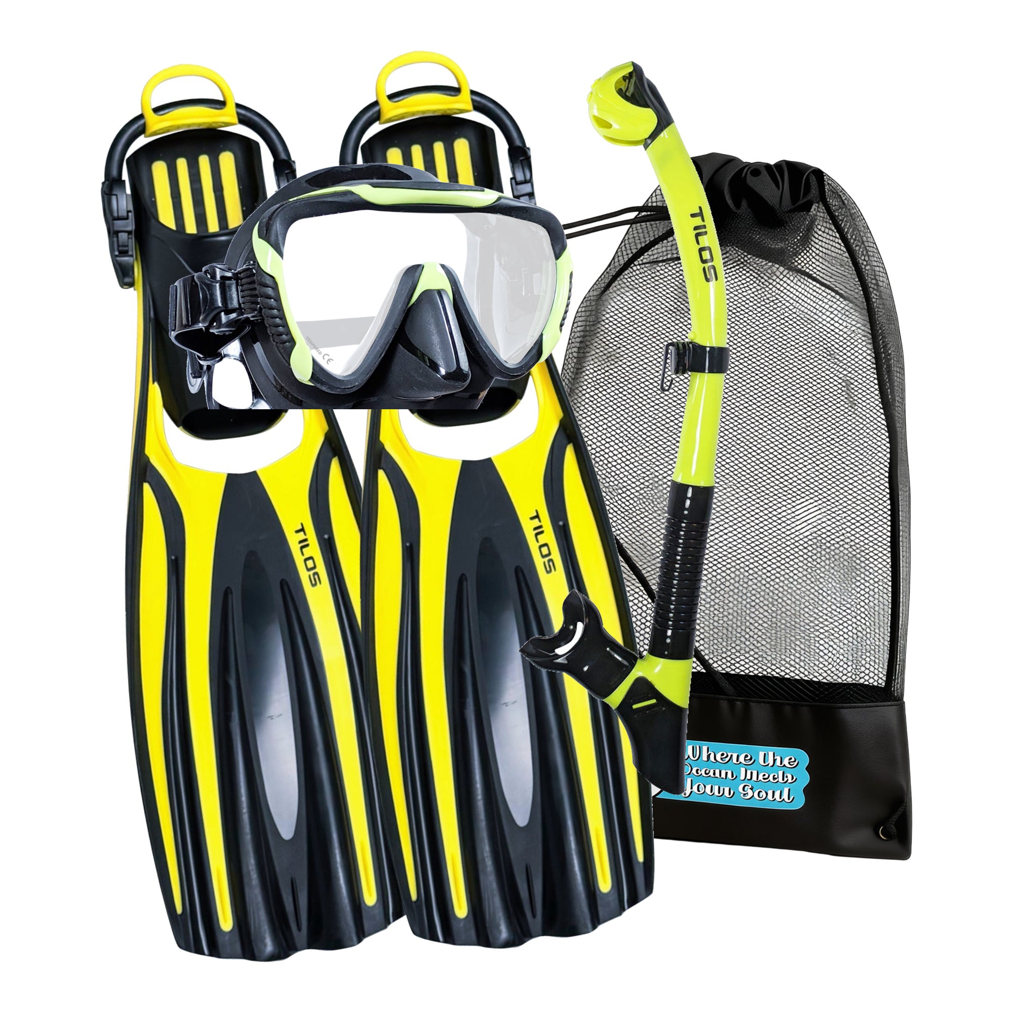 Tilos Morphi Mask, Orion Dry Snorkel and Forager Open-Heel Fins Set in Black/Yellow — mask, snorkel, fins and mesh gear bag