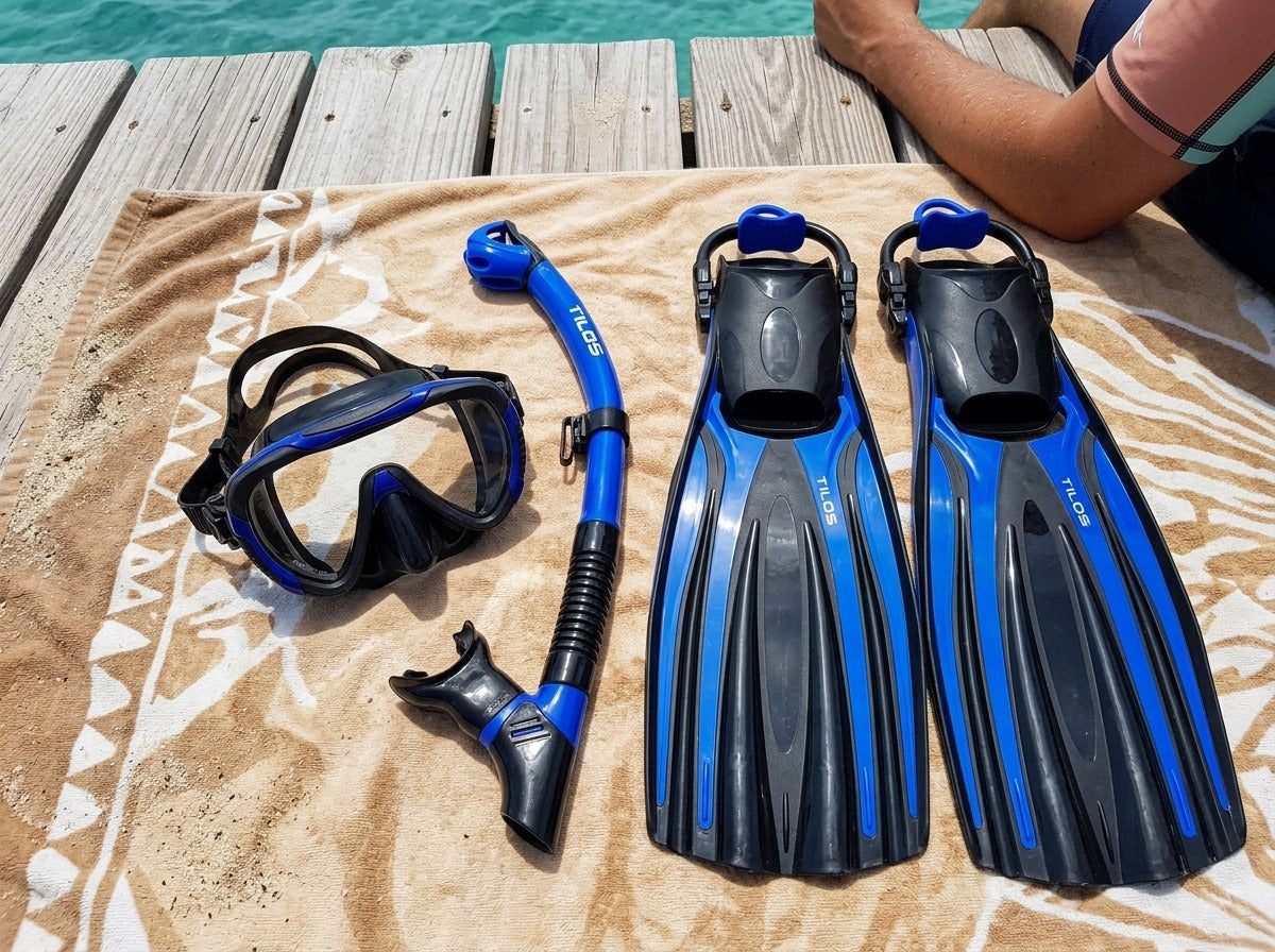 Snorkeler using the Tilos Morphi Mask, Orion Snorkel and Forager Fins Set in Black/Blue — flatlay