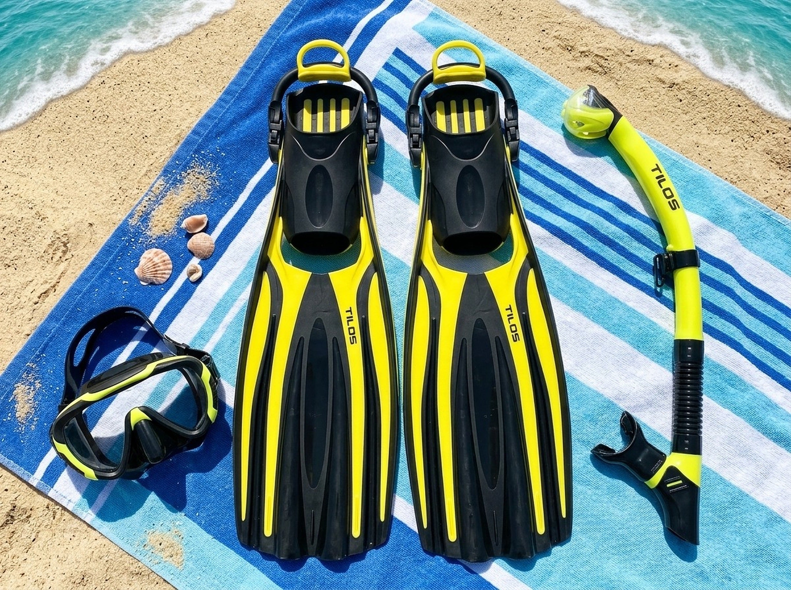 Snorkeler using the Tilos Morphi Mask, Orion Snorkel and Forager Fins Set in Black/Yellow — beach towel