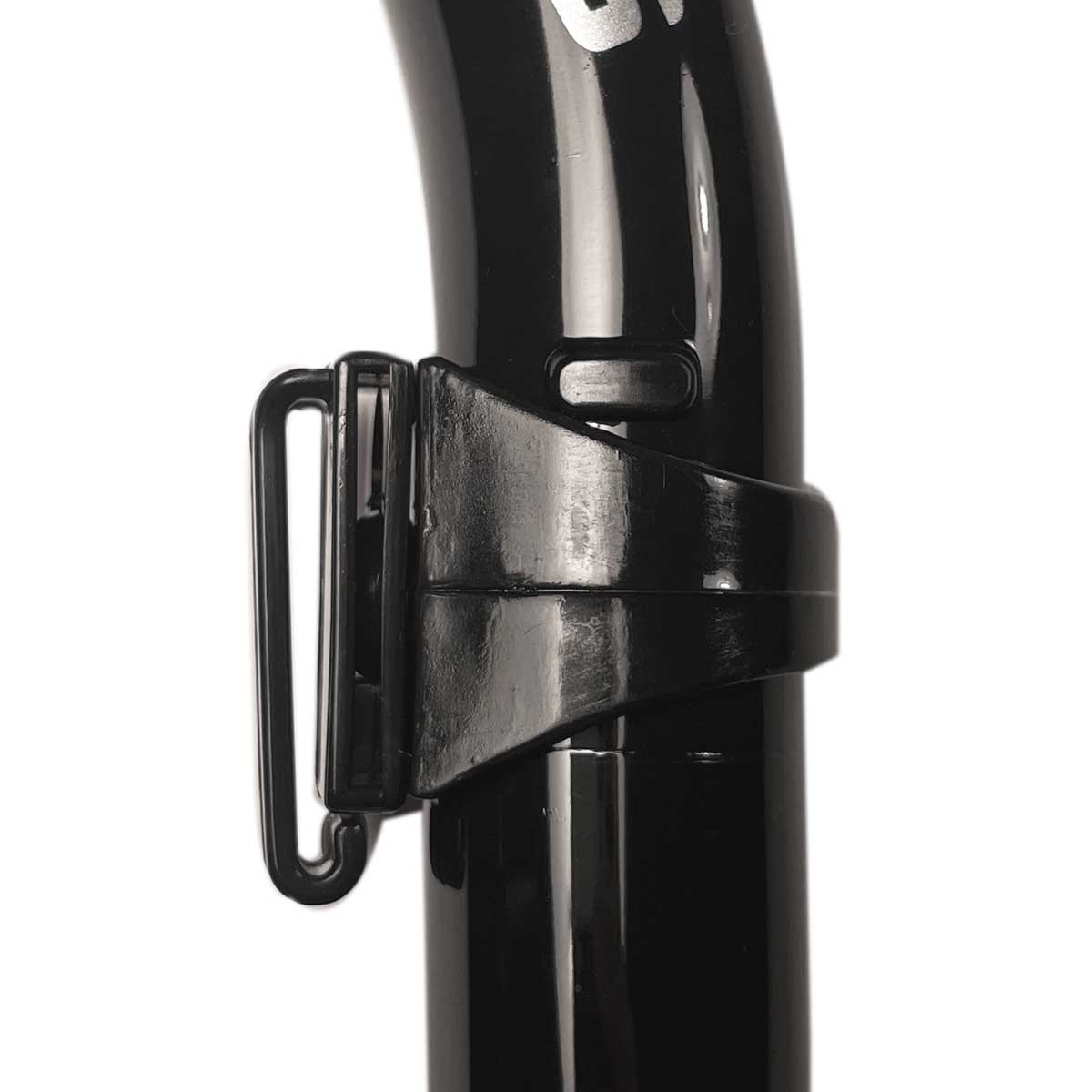 Tilos Splash Semi Dry Snorkel in black — full snorkel showing dry top valve and mouthpiece