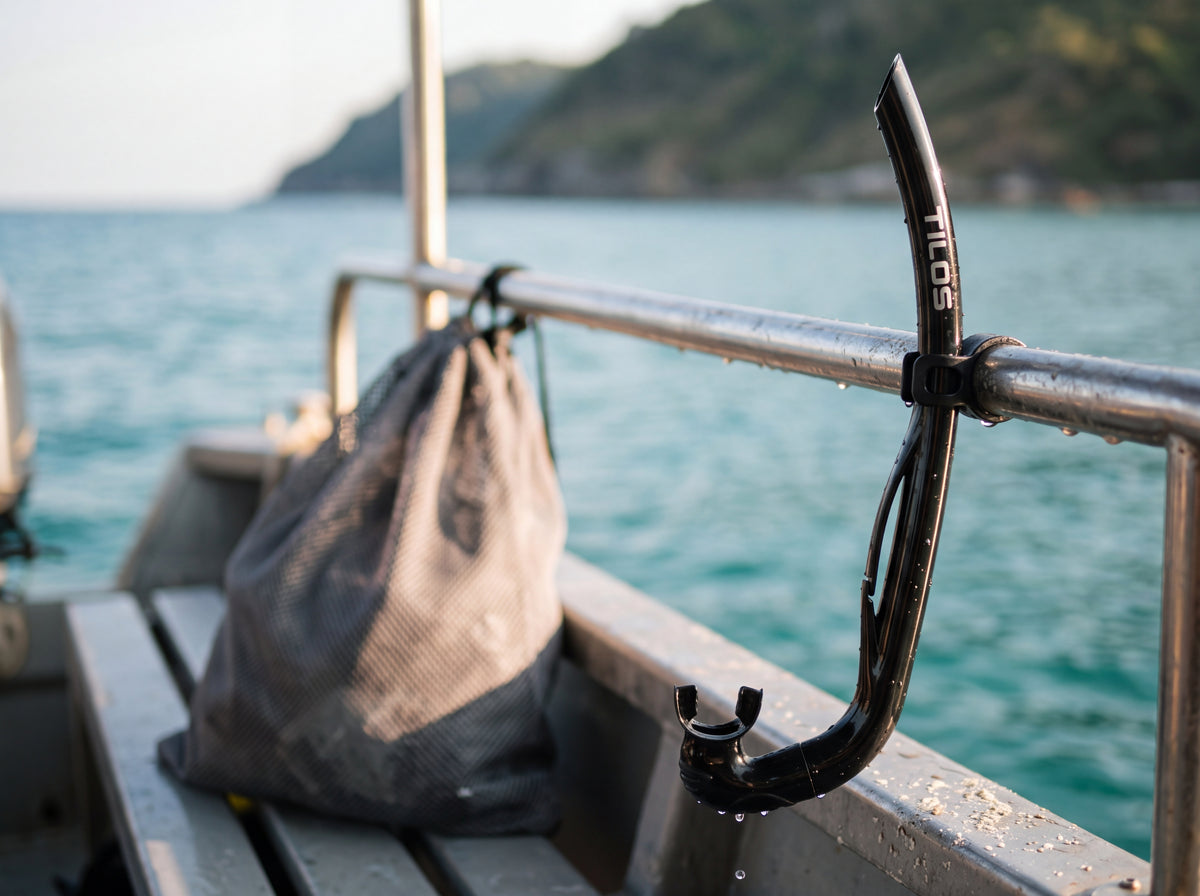 Tilos Basic J Snorkel in black hanging wet from the stainless rail of a dive boat after a morning in the water
