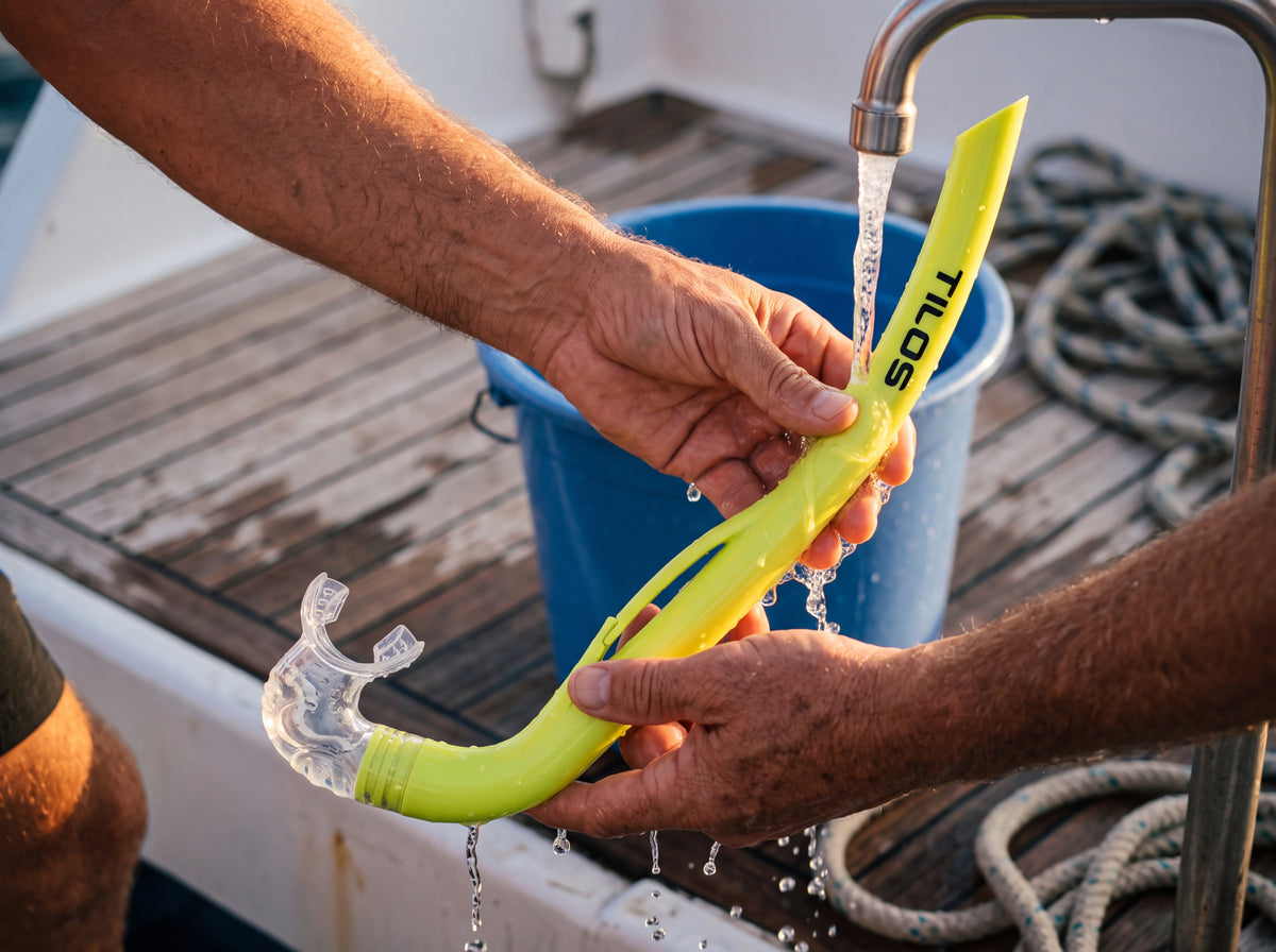 Diver rinsing the Tilos Basic J Snorkel in yellow under fresh water on a dive boat deck after snorkeling