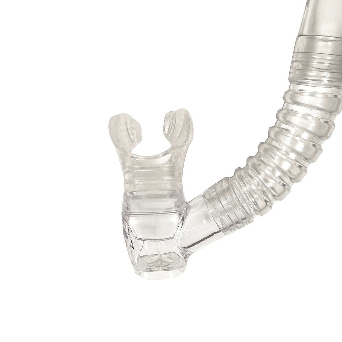 Tilos Sleek Dry Snorkel in clear — full snorkel showing dry top valve and mouthpiece