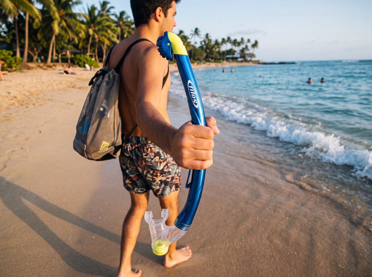 Man on the beach walking down to the water carrying the Tilos Oracle Dry Snorkel in metallic blue and yellow