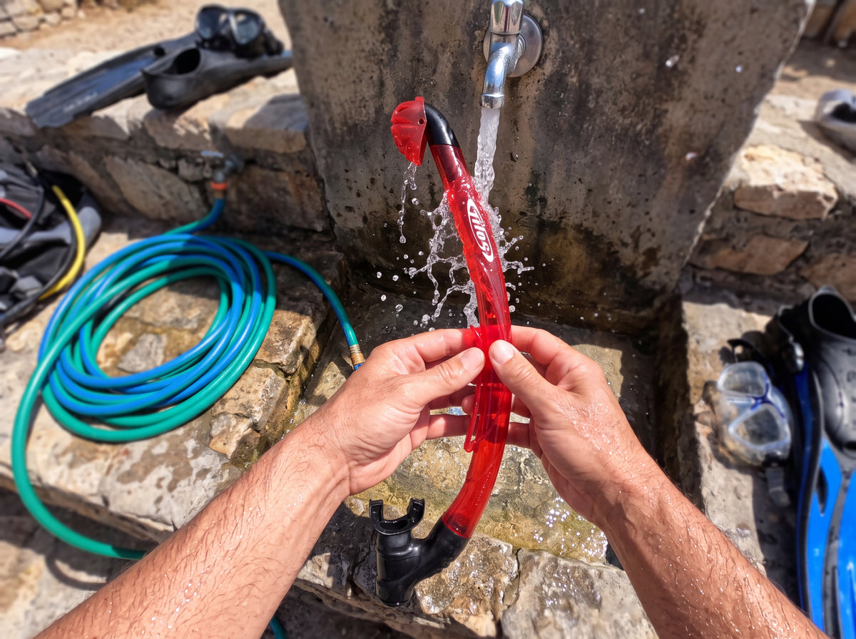 Diver rinsing the Tilos Oracle Dry Snorkel in red and black under a freshwater tap after a dive