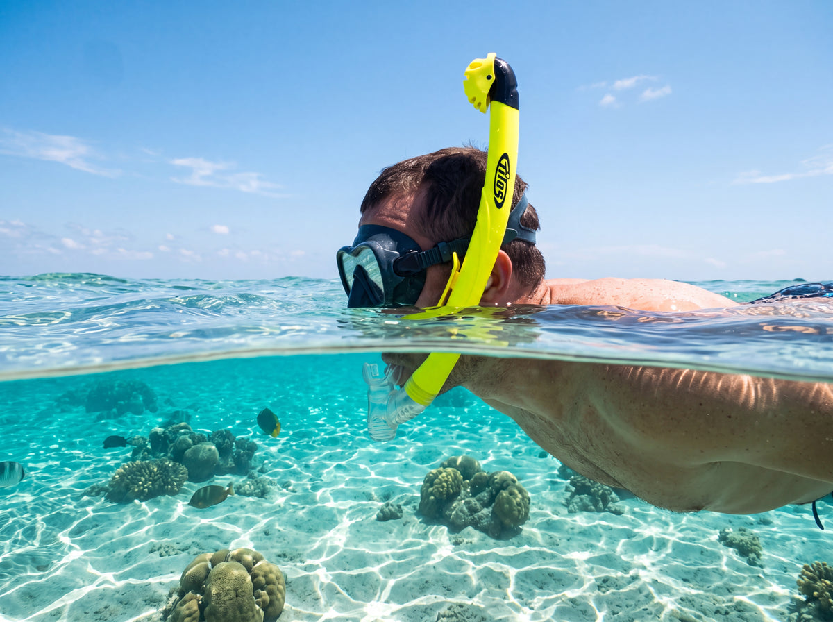 Snorkeler floating at the surface over a shallow reef breathing through the Tilos Oracle Dry Snorkel in yellow and black