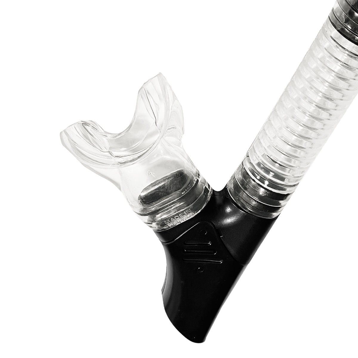 Tilos Orion Dry Snorkel in black — full snorkel showing dry top valve and mouthpiece