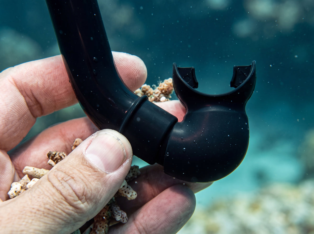 Close detail of the smooth lower bend, collar joint and soft black mouthpiece of a Black Silicone Tilos JX2 Flex Snorkel, held in the hand by a snorkeler over a reef