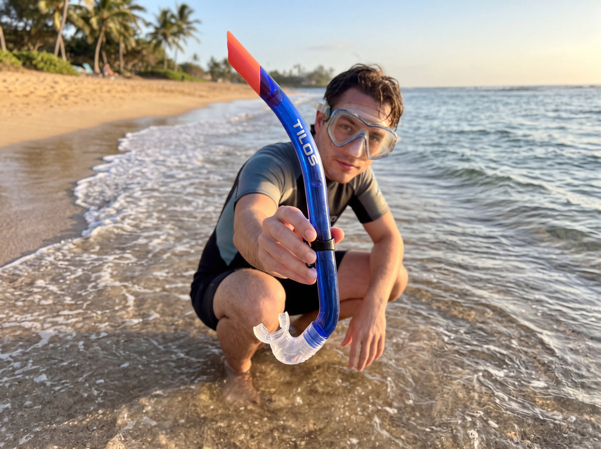 Snorkeler crouching at the shoreline in shallow tropical water, holding up a Transparent Blue Tilos JX2 Flex Snorkel with the wordmark facing the camera at golden hour